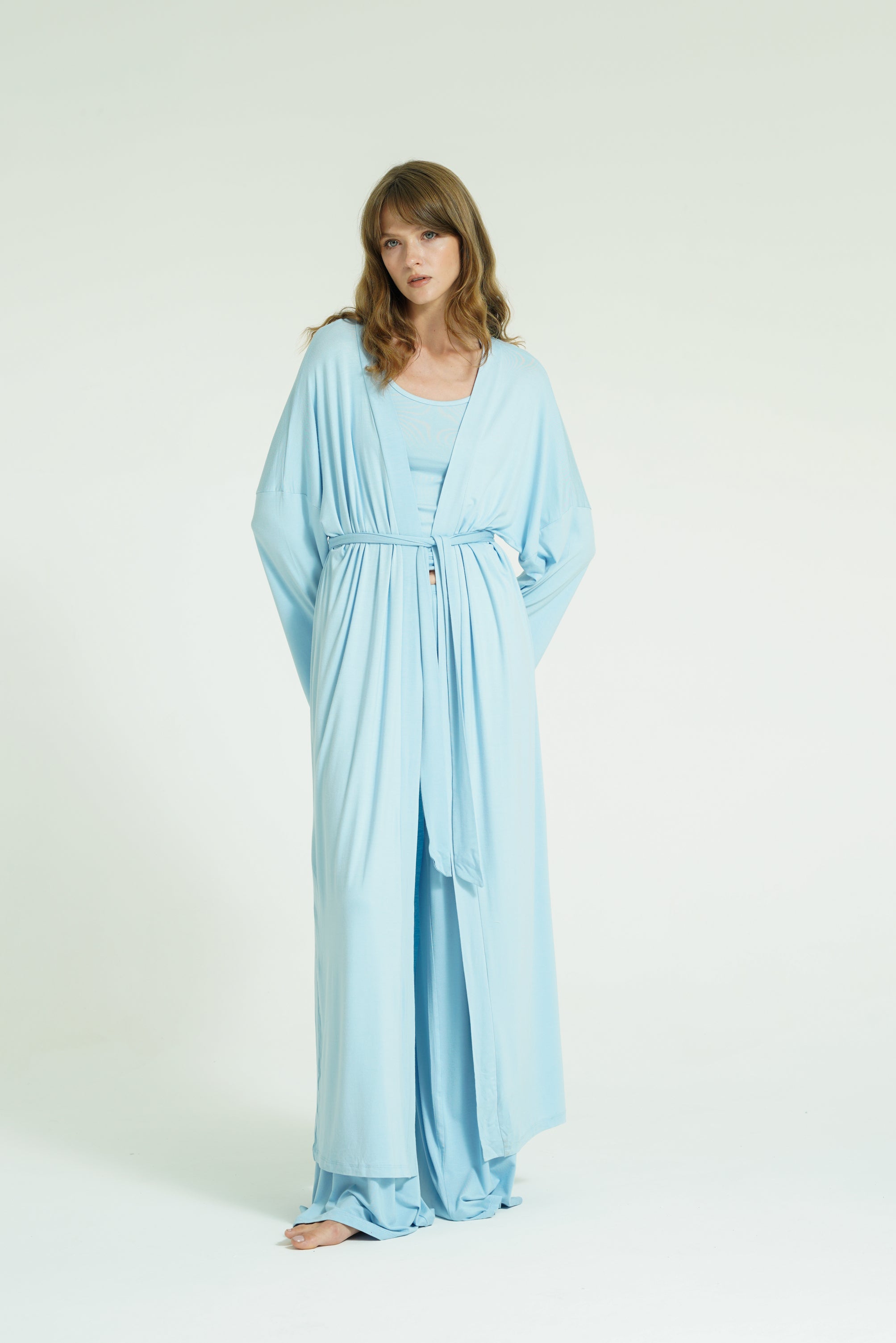 Kemerli Uzun Kimono - Bebe Mavisi