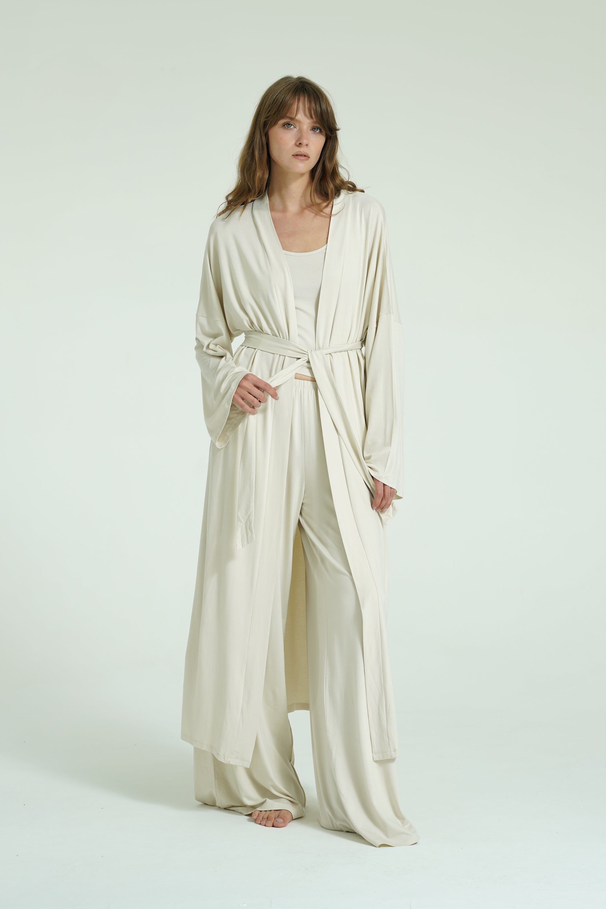 Kemerli Uzun Kimono - Ekru
