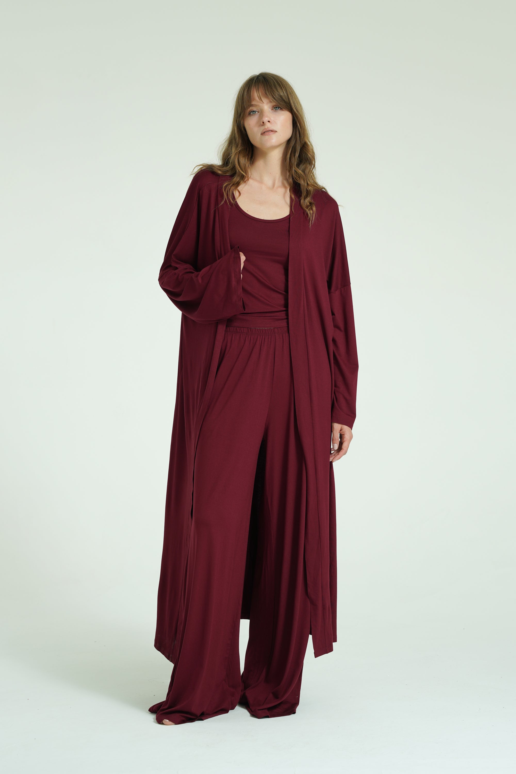 Kemerli Uzun Kimono - Bordo