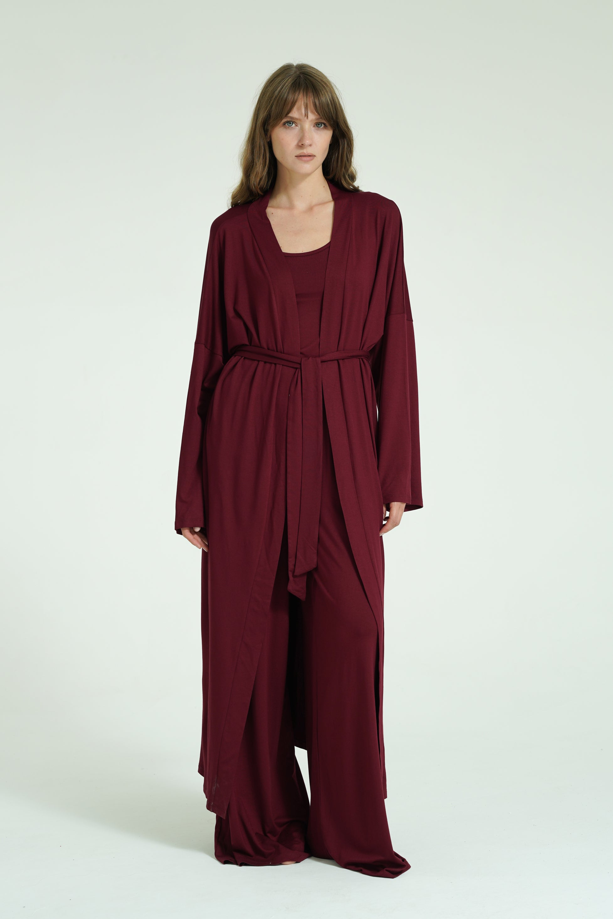 Kemerli Uzun Kimono - Bordo