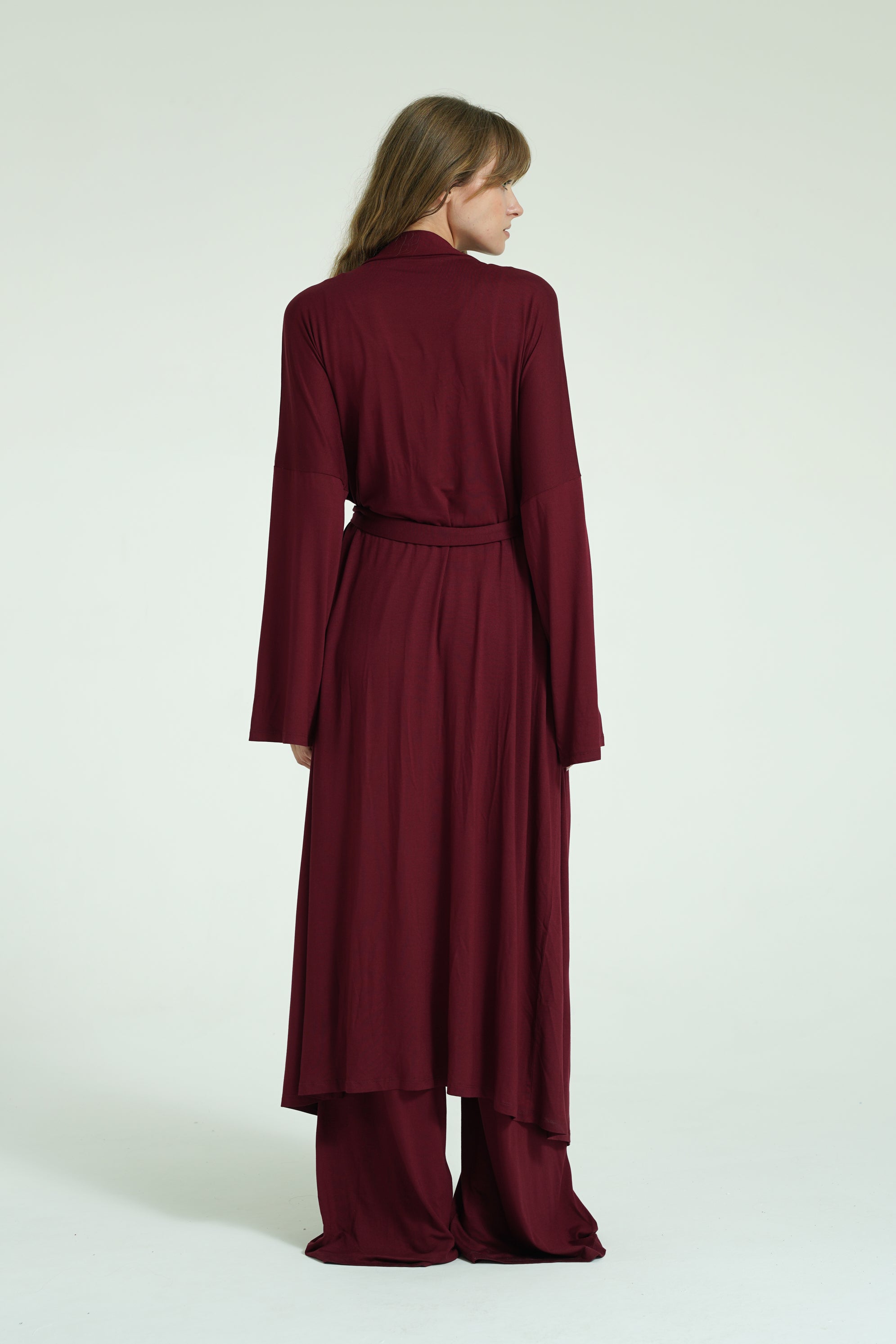Kemerli Uzun Kimono - Bordo