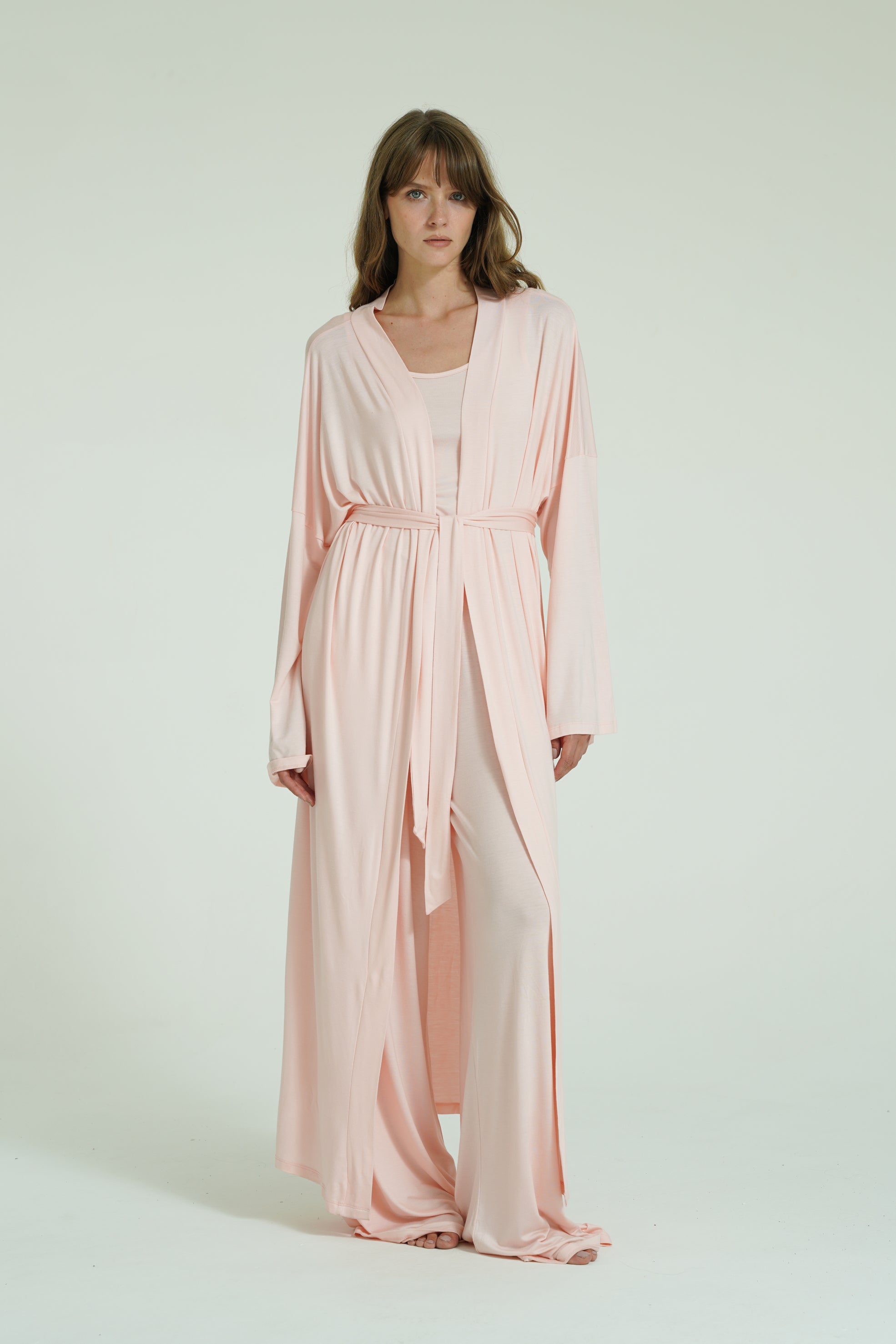 Kemerli Uzun Kimono - Pudra