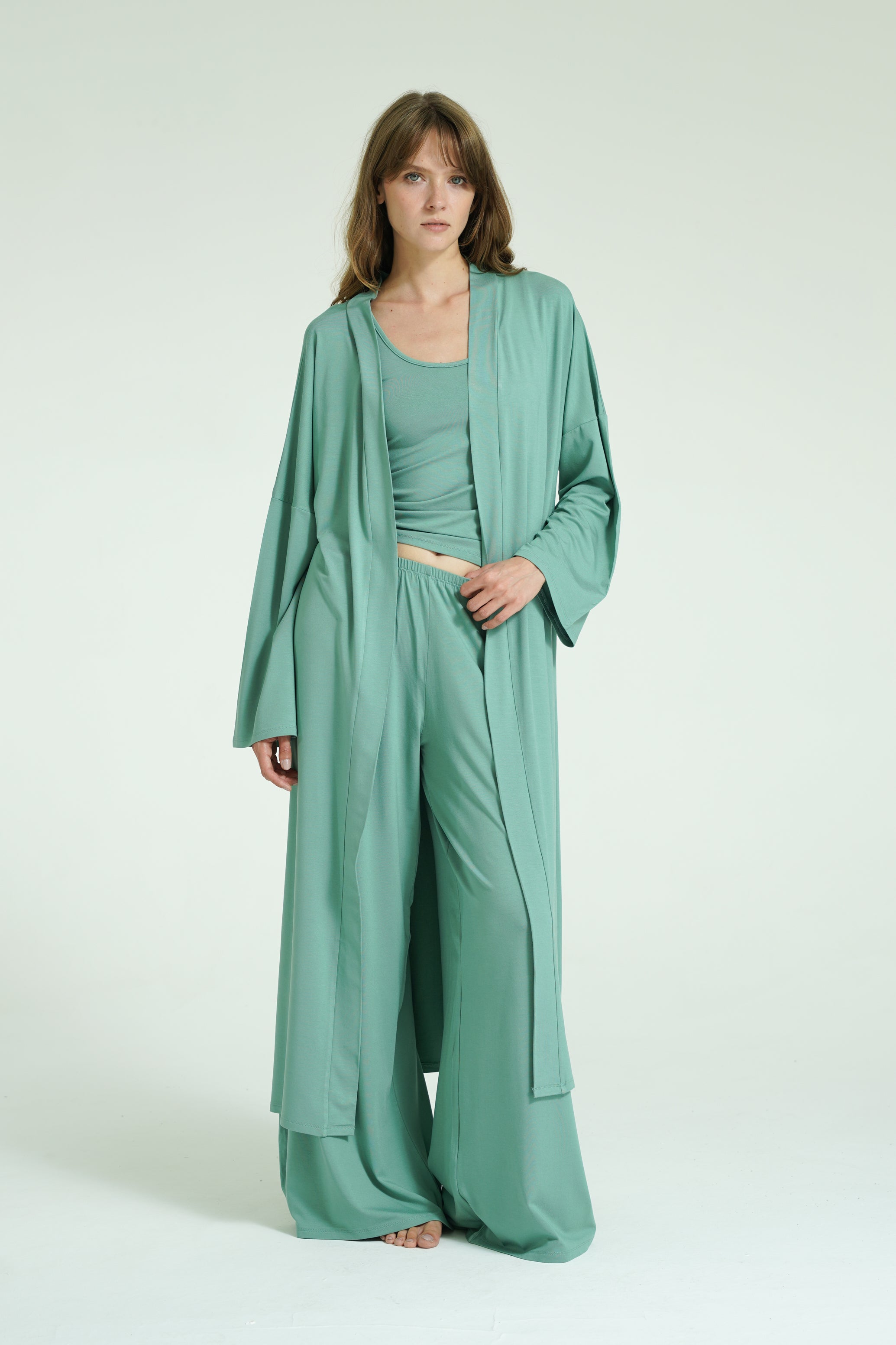 Kemerli Uzun Kimono - Mint Yeşili