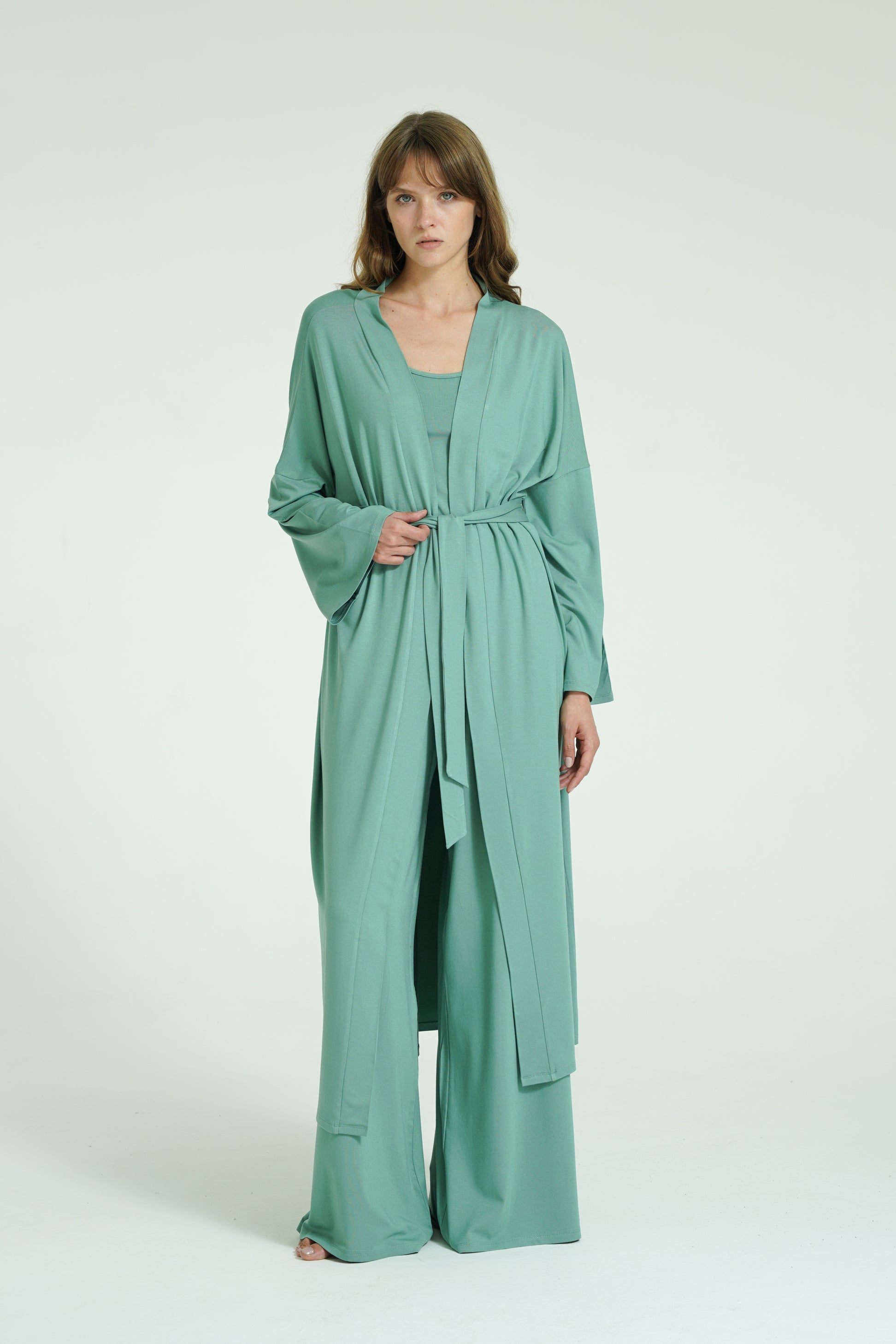 Kemerli Uzun Kimono - Mint Yeşili