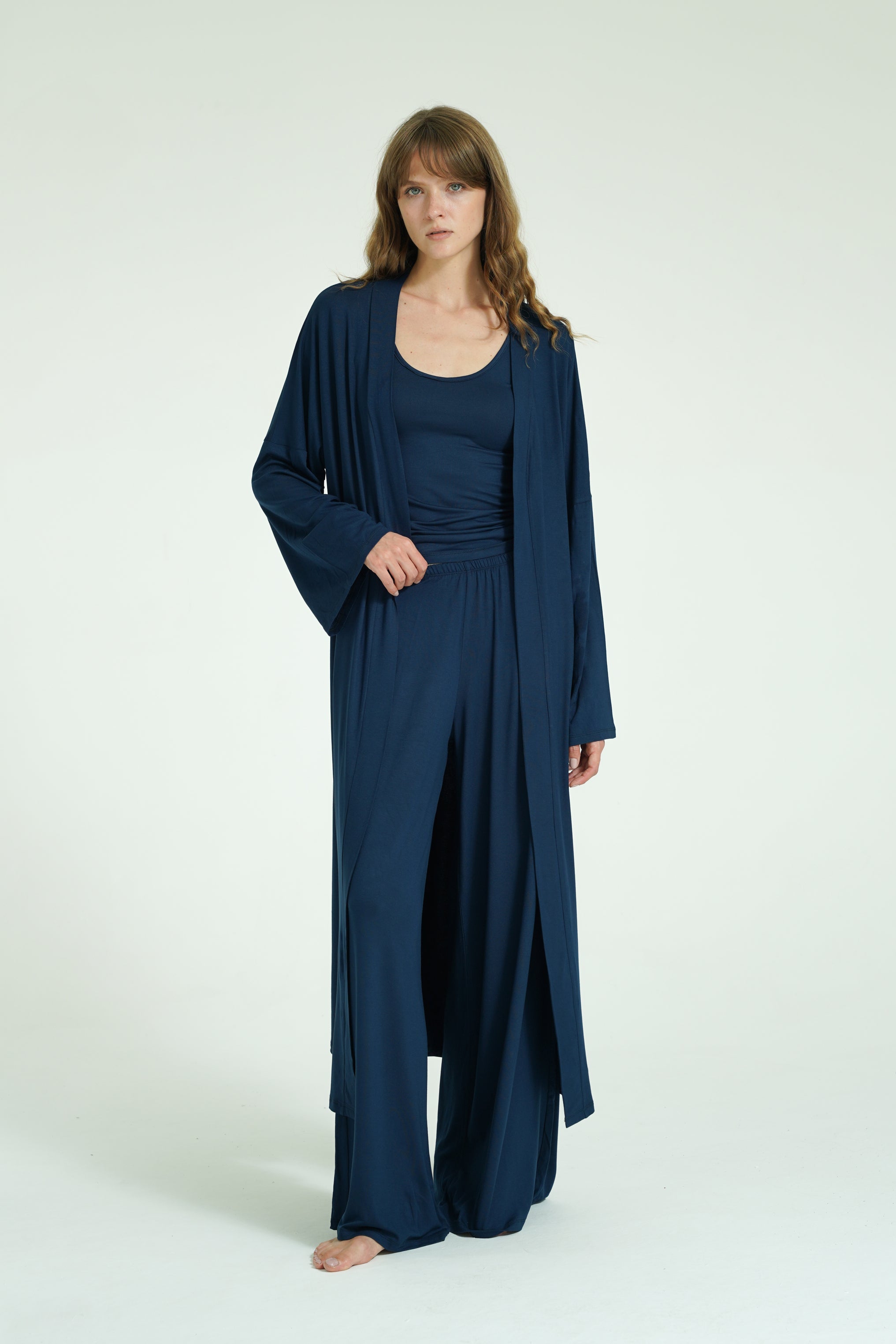 Kemerli Uzun Kimono - Lacivert