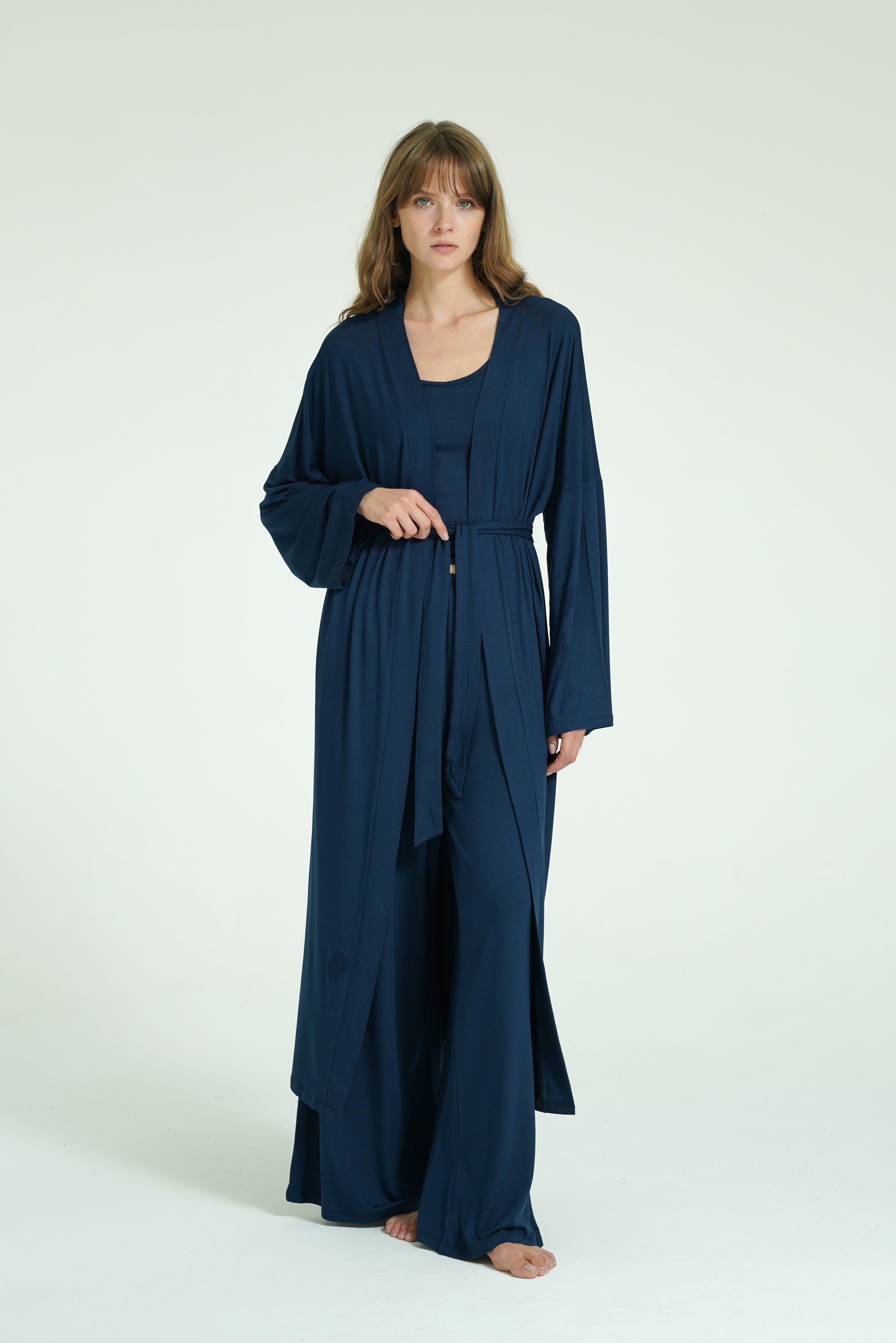 Kemerli Uzun Kimono - Lacivert