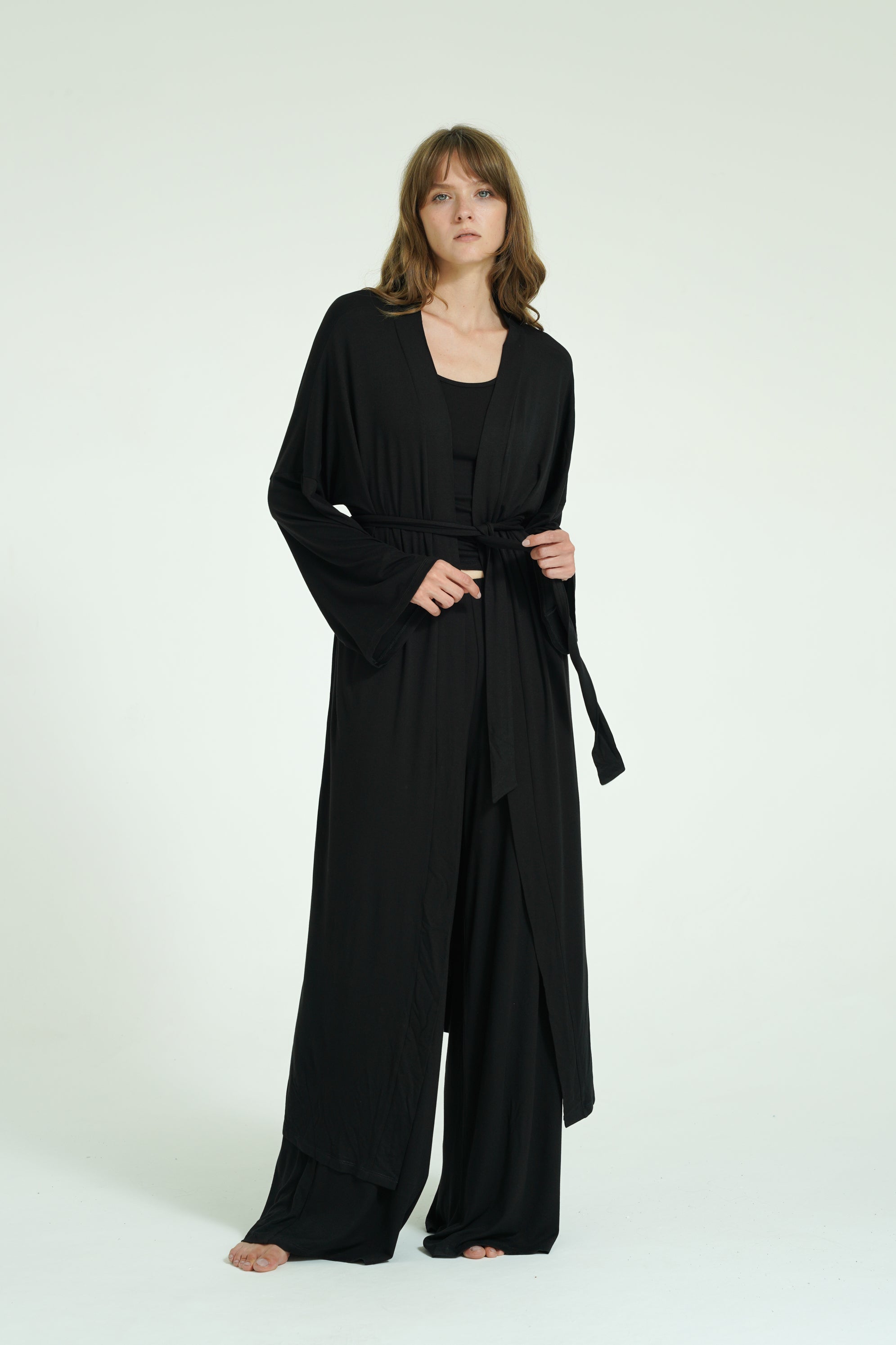 Kemerli Uzun Kimono - Siyah