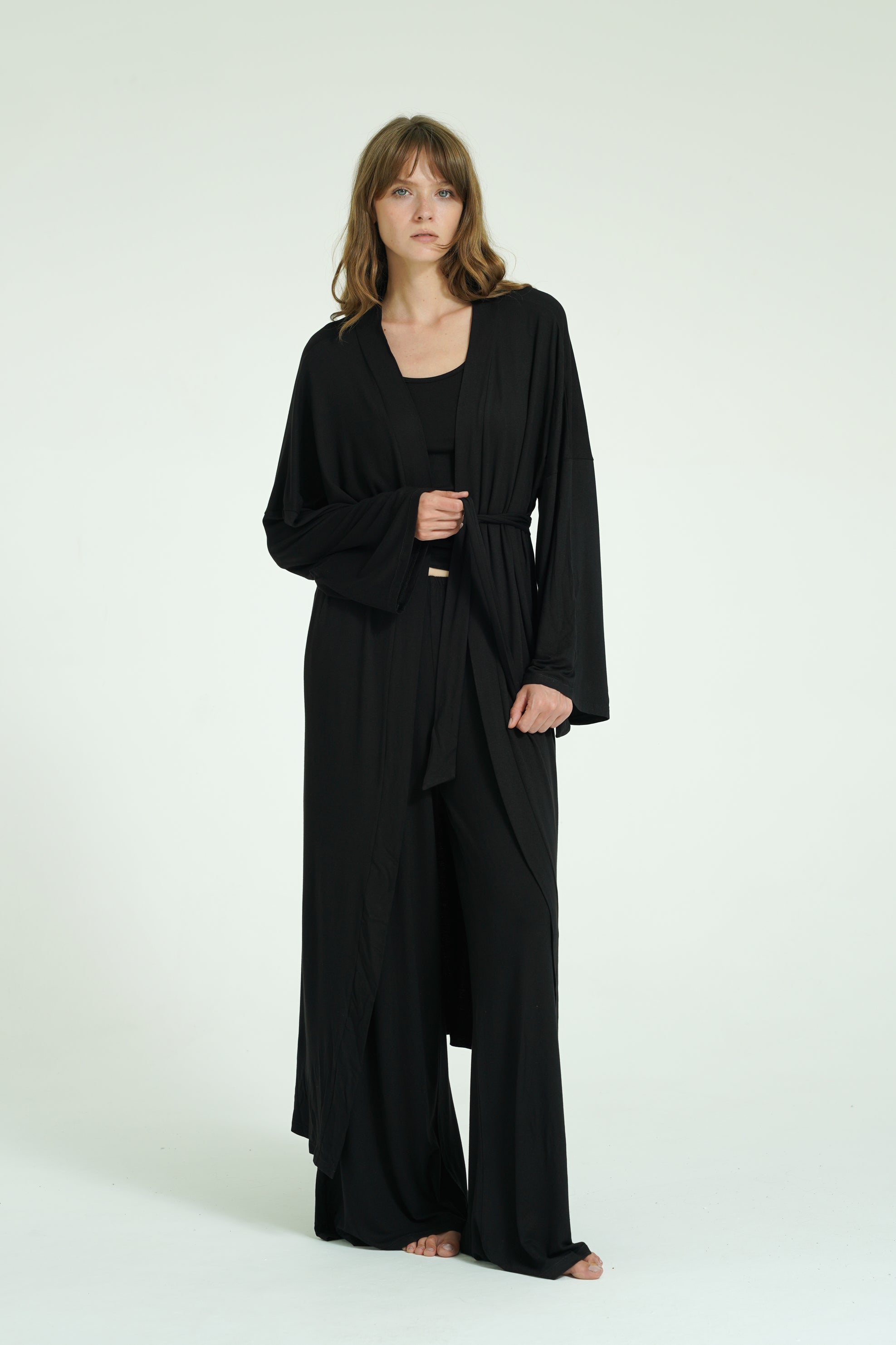 Kemerli Uzun Kimono - Siyah