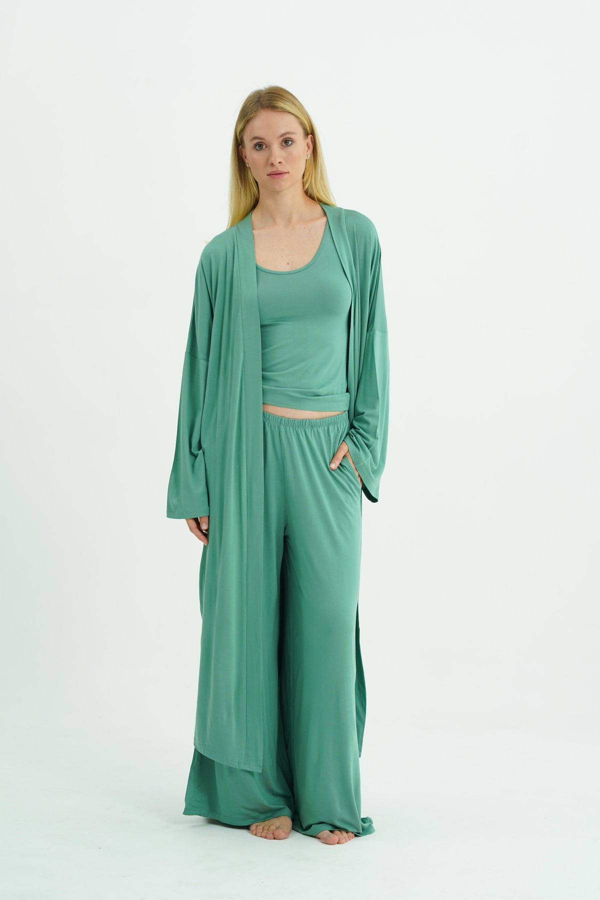 Kemerli Uzun Kimono - Mint Yeşili
