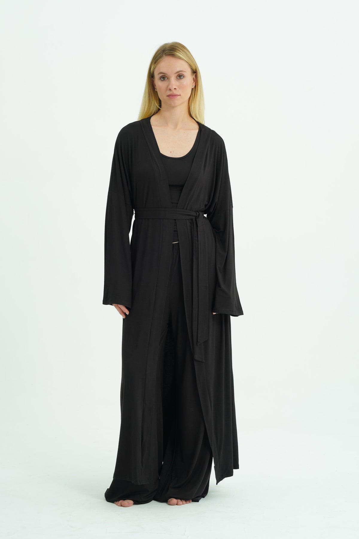 Kemerli Uzun Kimono - Siyah