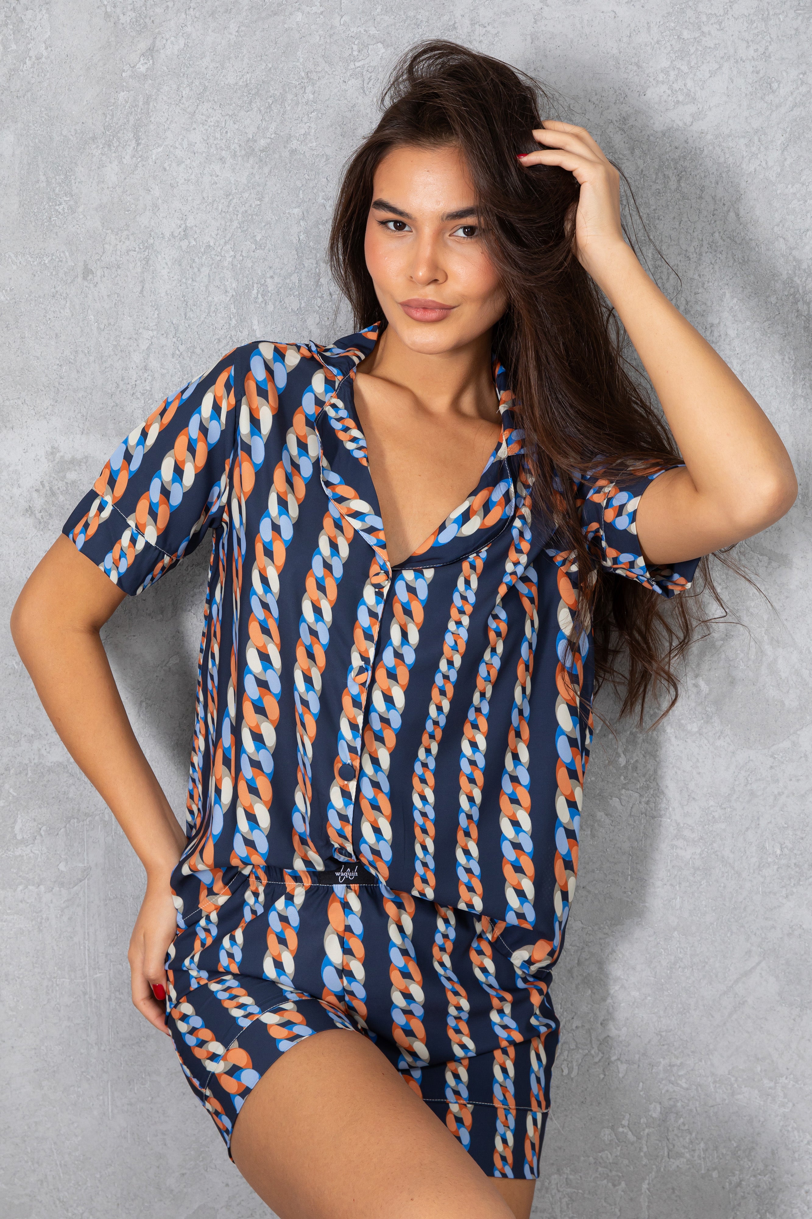 Lacivert Zincir Desenli Viskon Kısa Pijama Takımı