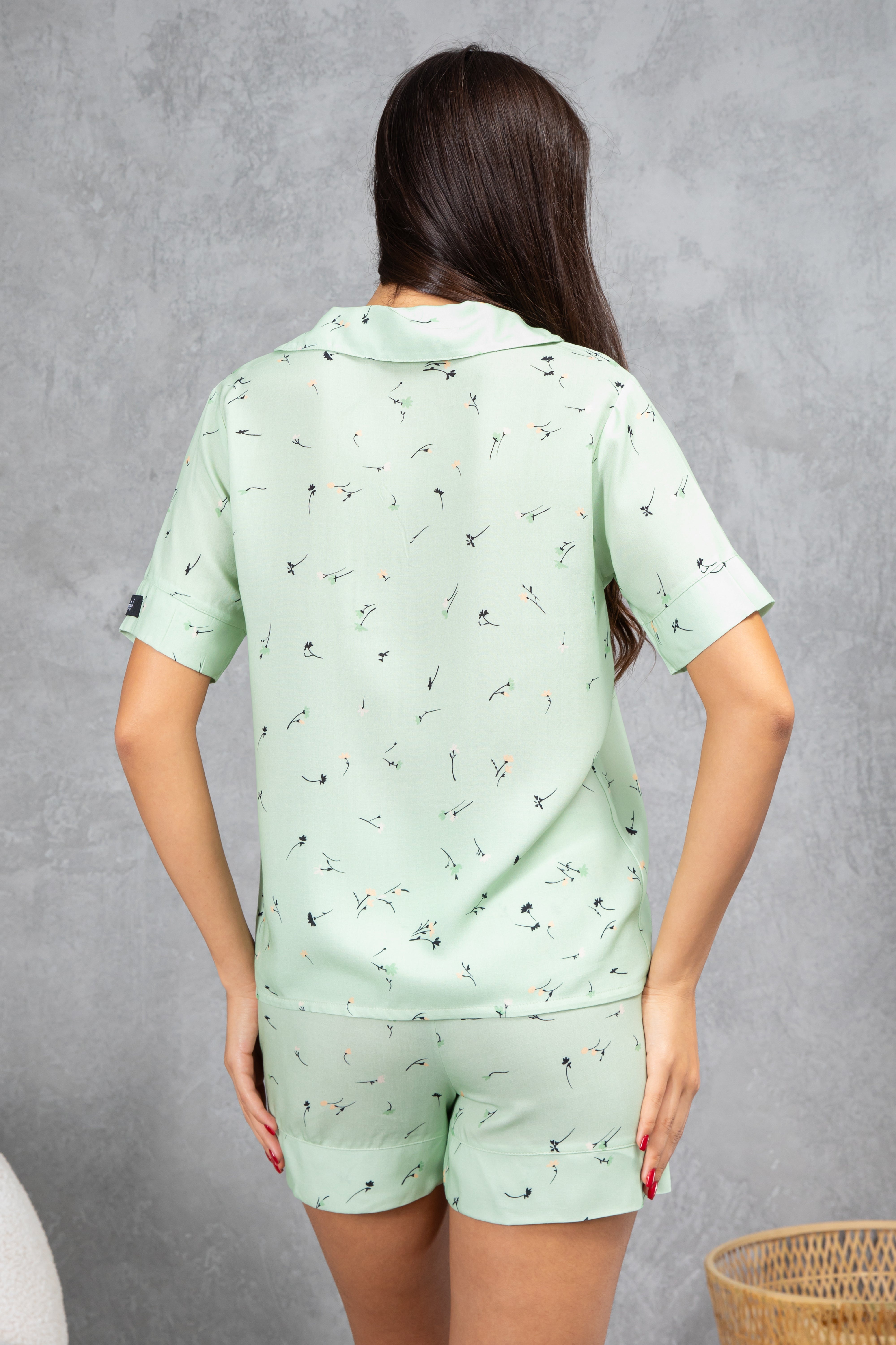 Mint Yeşili Çiçek Desenli Pamuklu Kısa Pijama Takımı