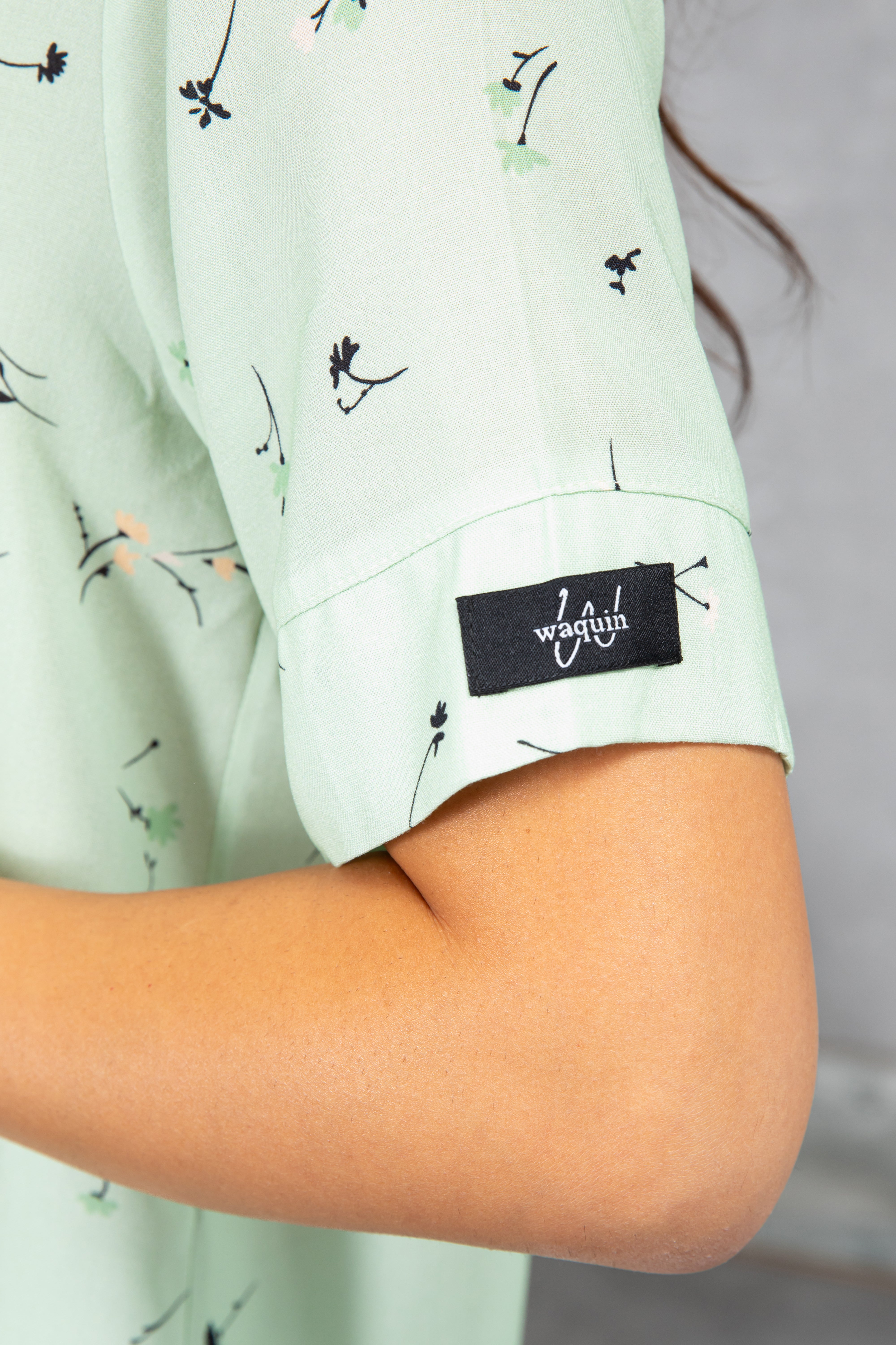Mint Yeşili Çiçek Desenli Pamuklu Kısa Pijama Takımı