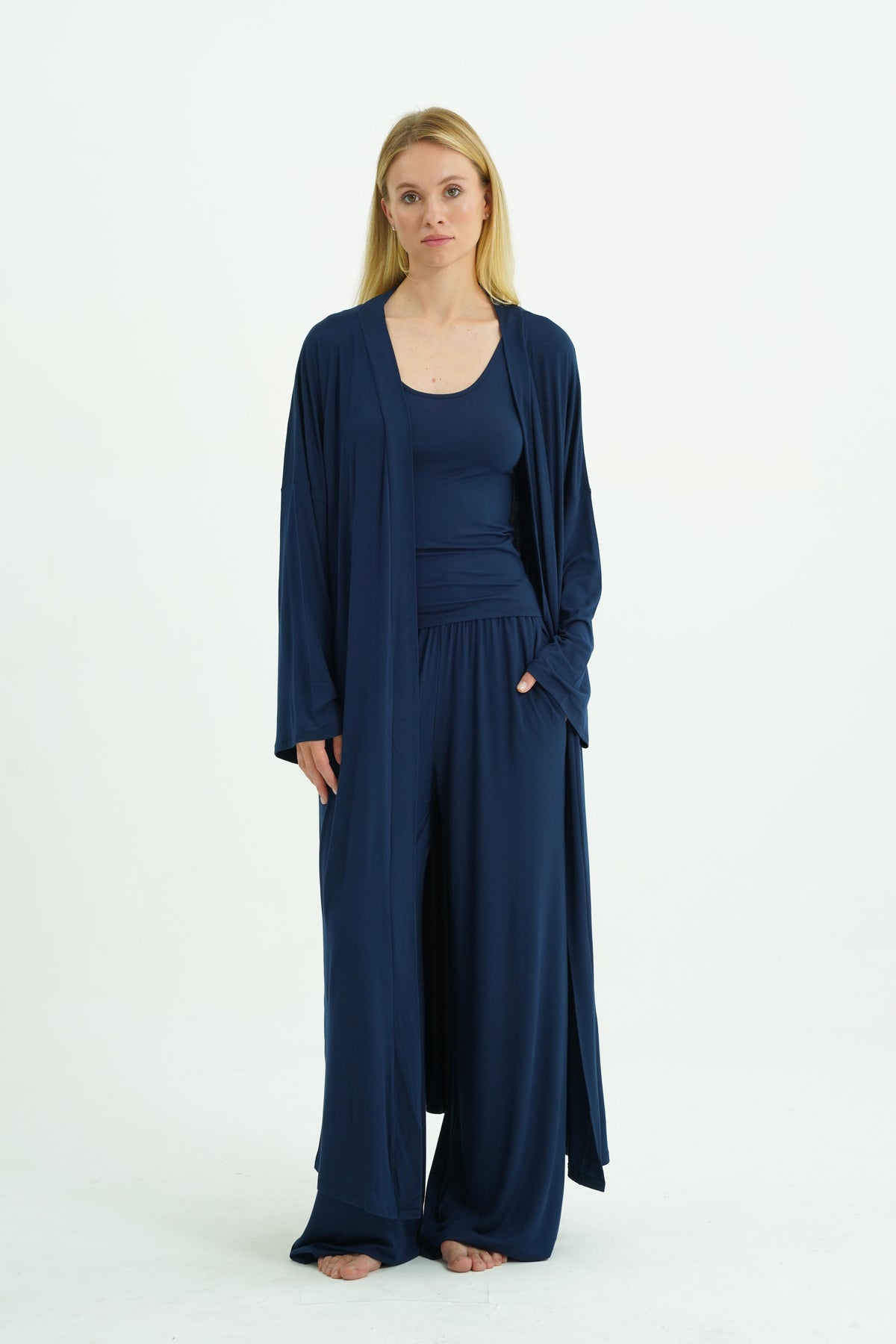 Kemerli Uzun Kimono - Lacivert