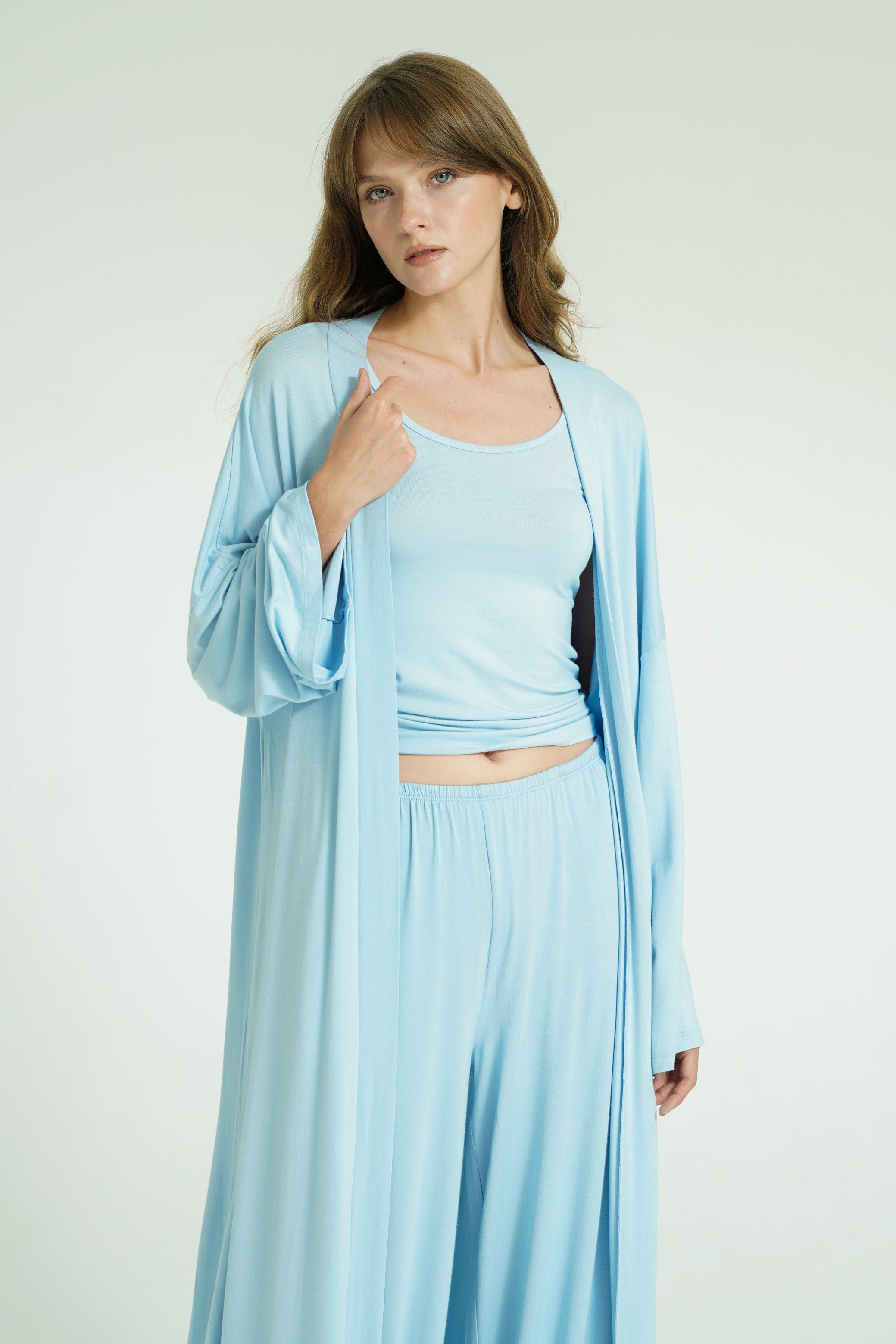 Kemerli Uzun Kimono - Bebe Mavisi