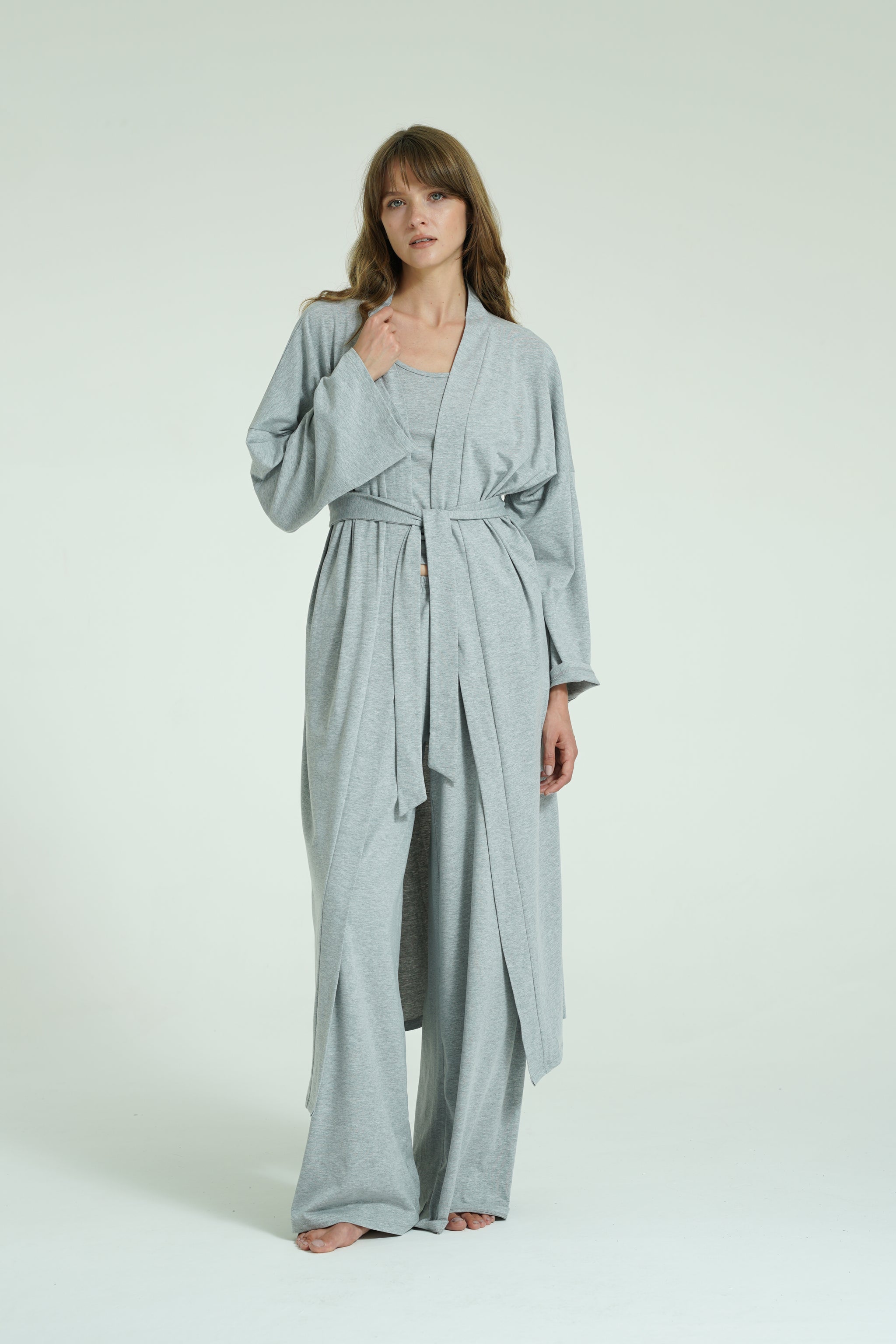 Kemerli Uzun Kimono - Gri Melanj