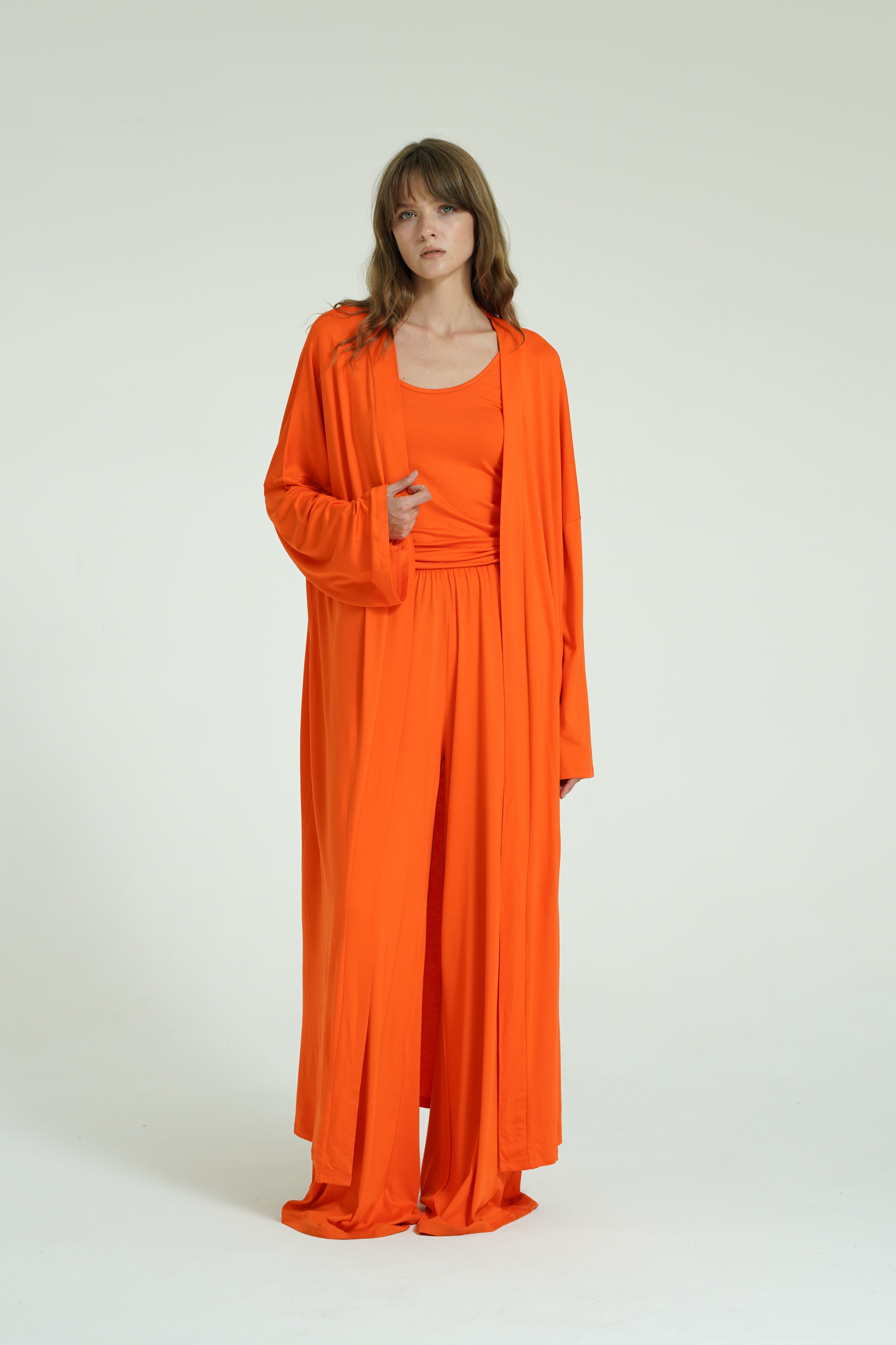 Kemerli Uzun Kimono - Turuncu