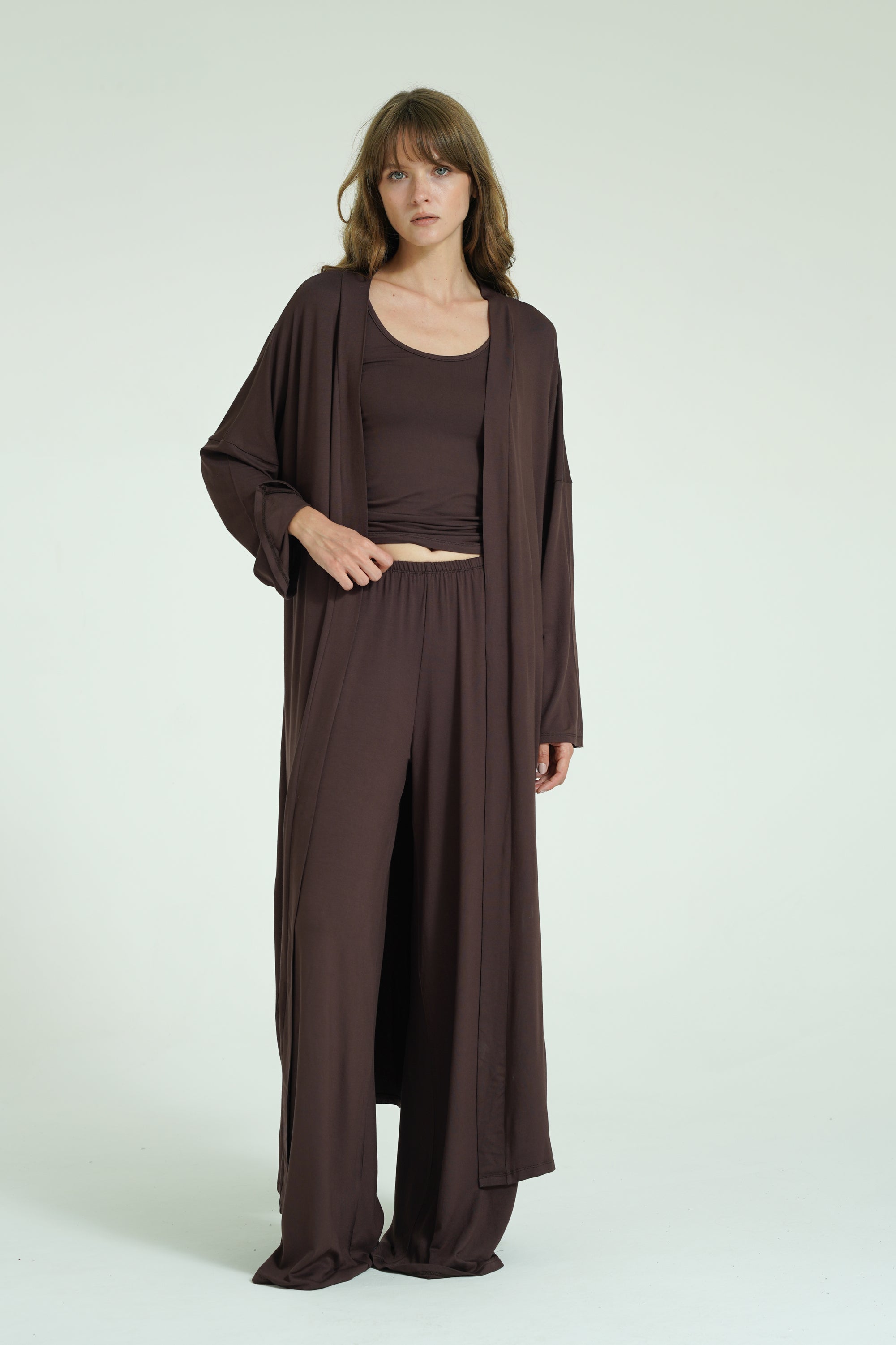 Kemerli Uzun Kimono - Kahverengi