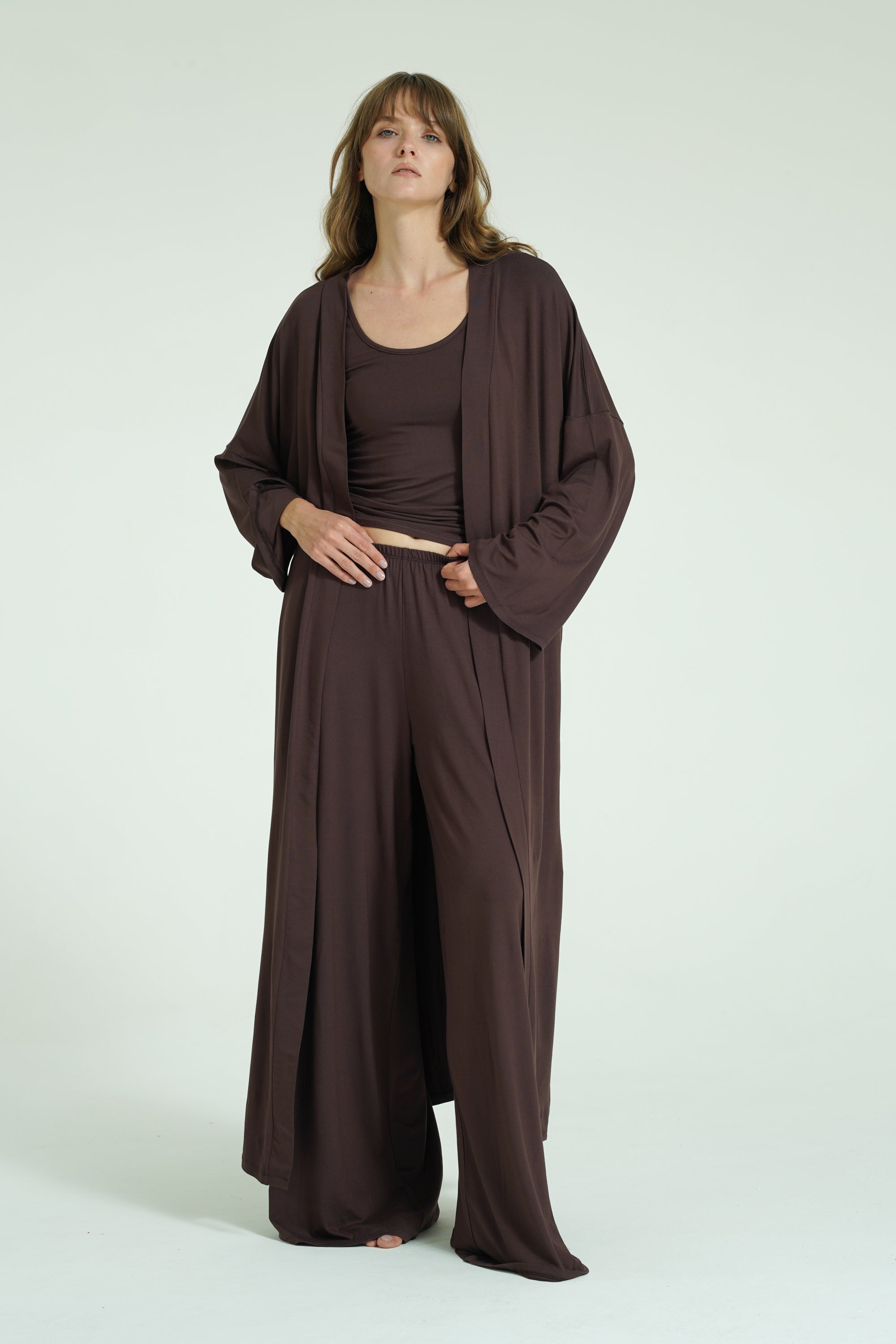 Kemerli Uzun Kimono - Kahverengi