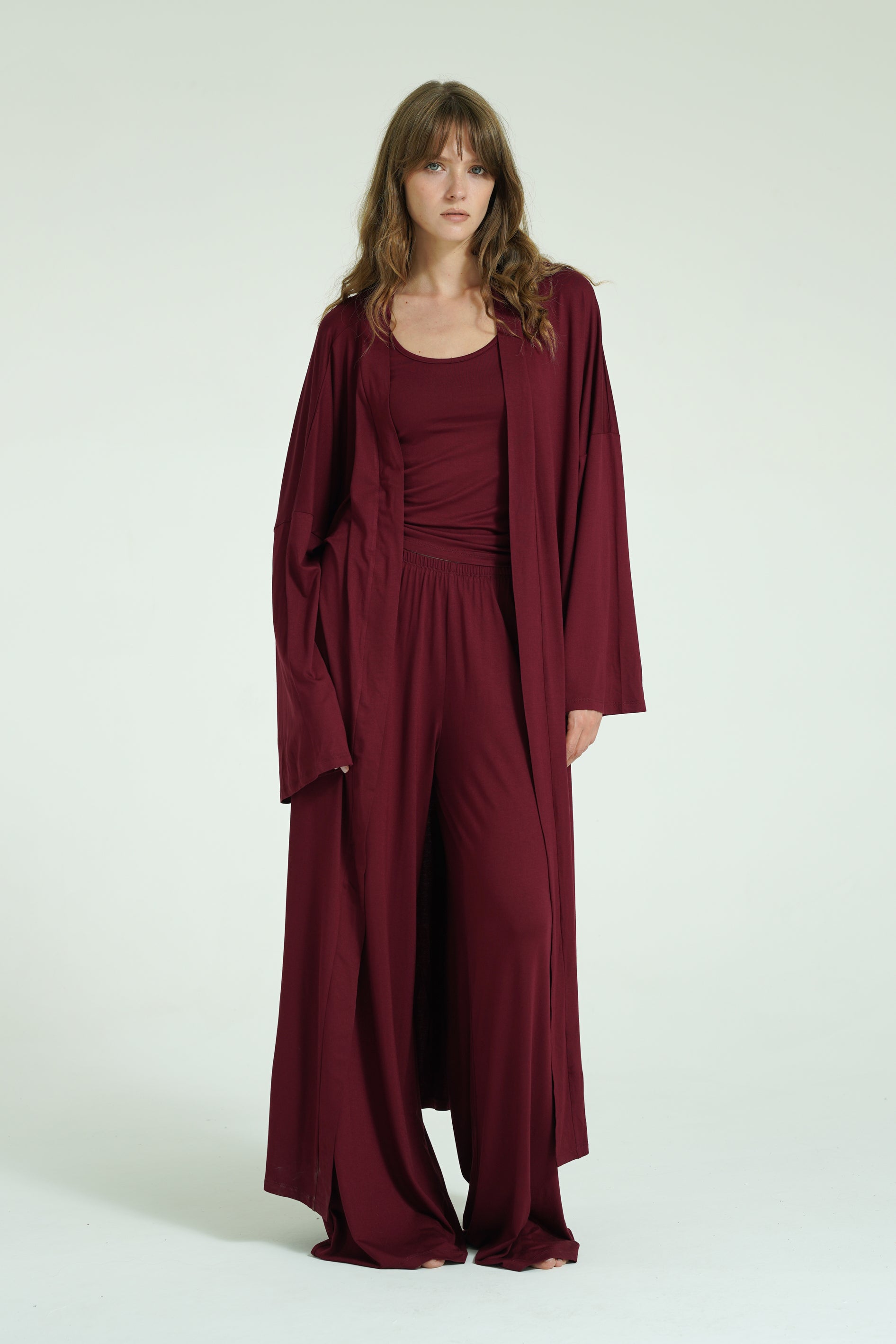 Kemerli Uzun Kimono - Bordo