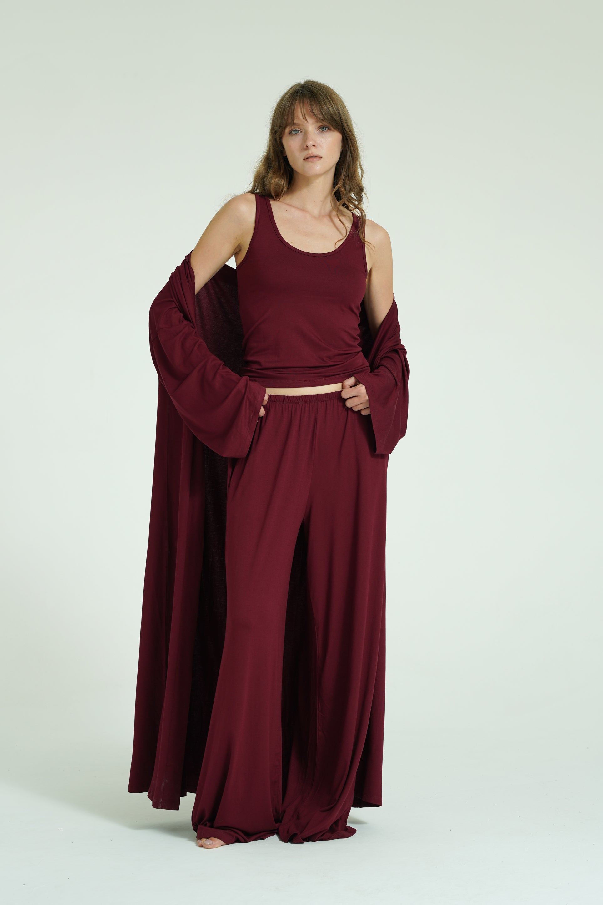 Kemerli Uzun Kimono - Bordo