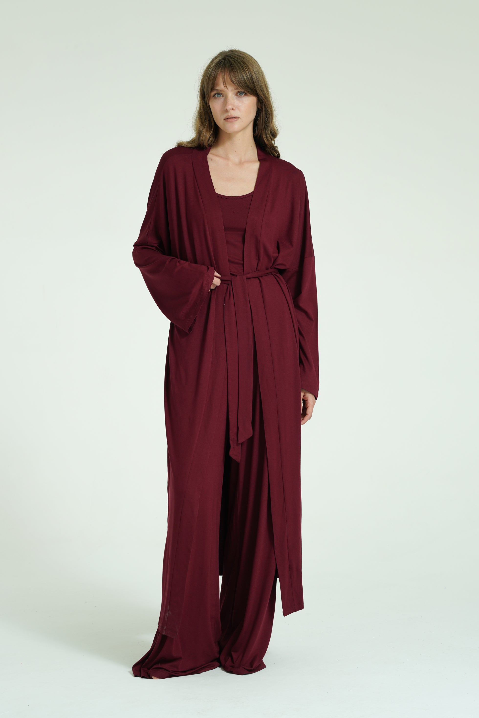Kemerli Uzun Kimono - Bordo