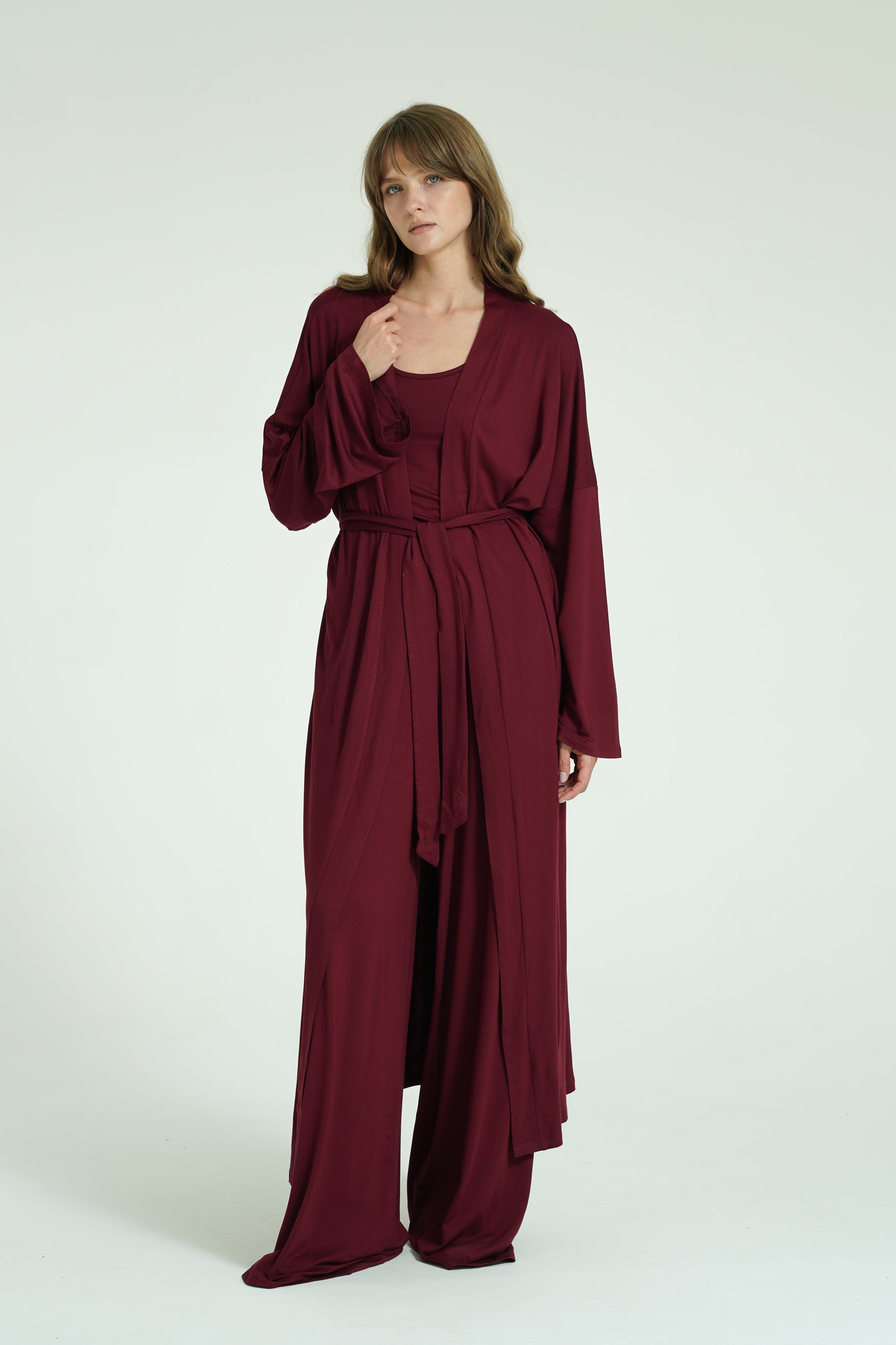 Kemerli Uzun Kimono - Bordo