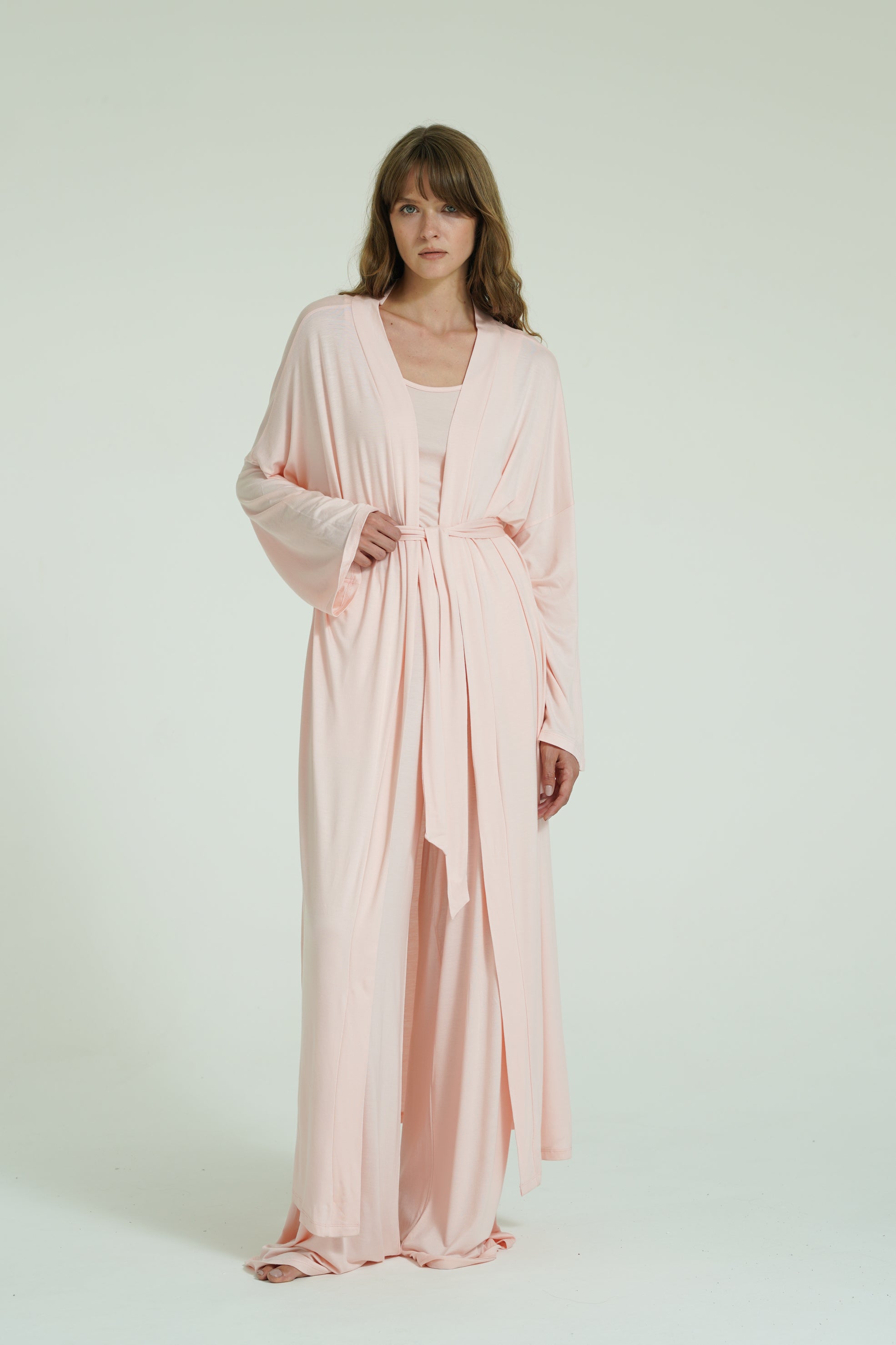 Kemerli Uzun Kimono - Pudra