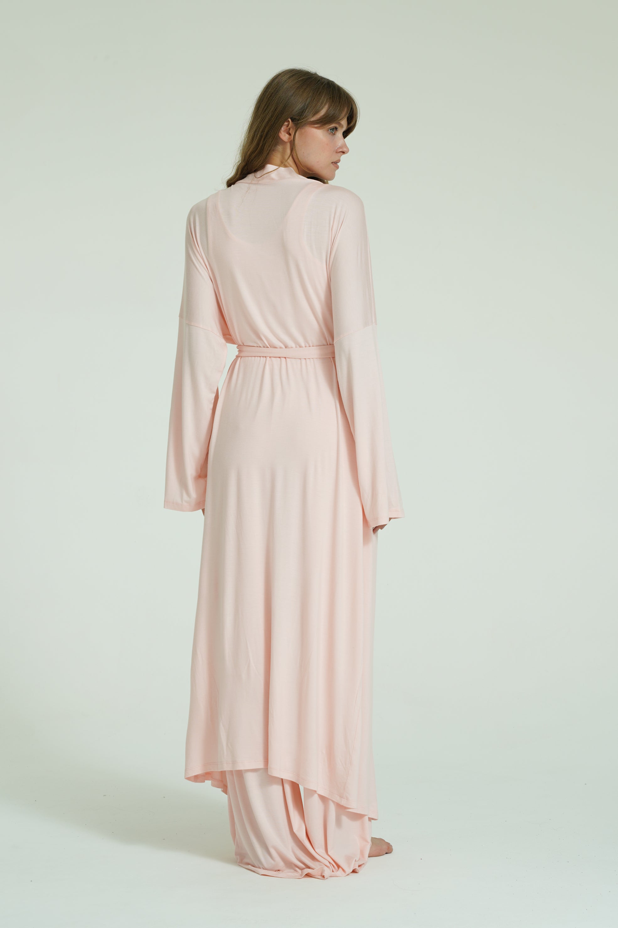 Kemerli Uzun Kimono - Pudra