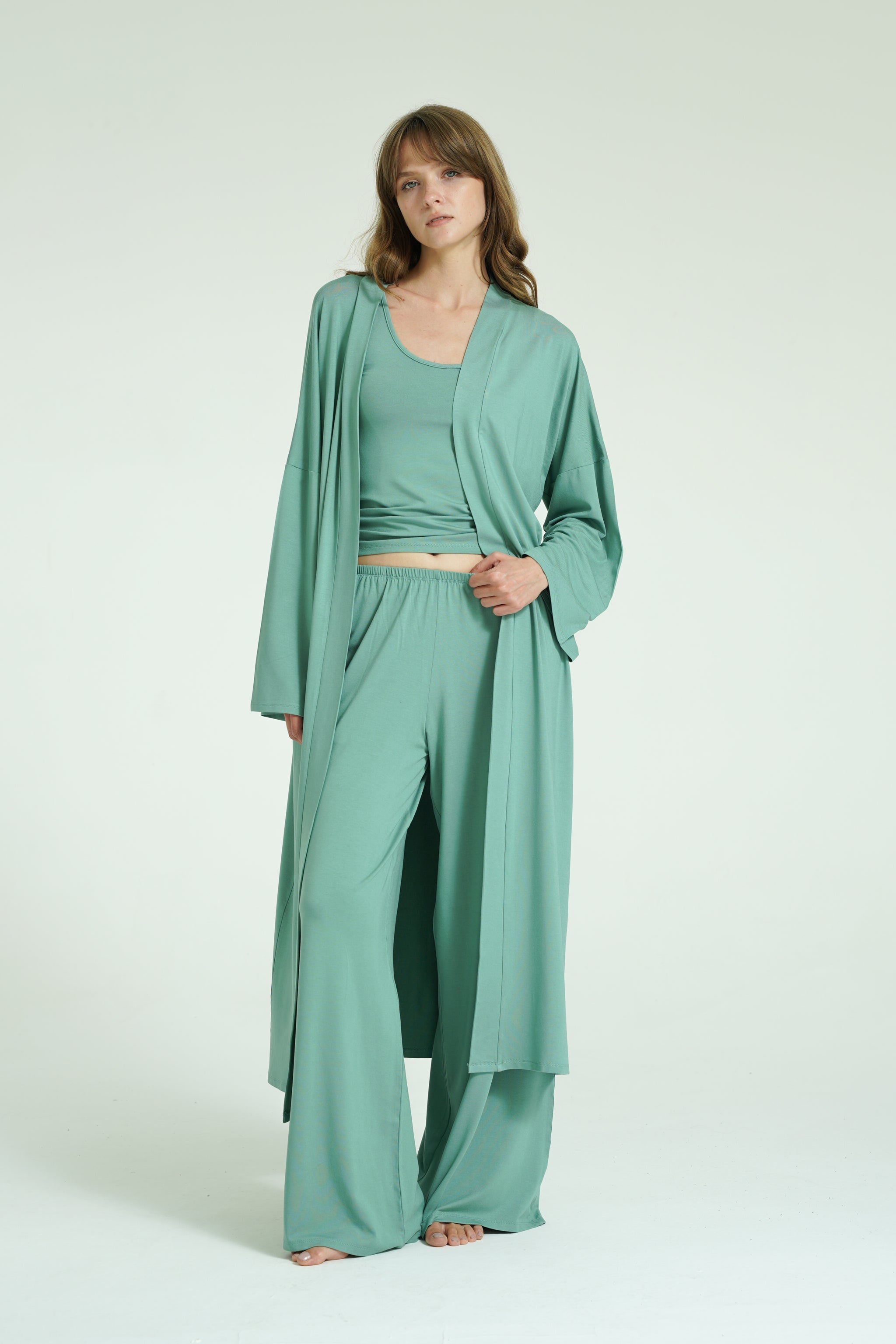 Kemerli Uzun Kimono - Mint Yeşili
