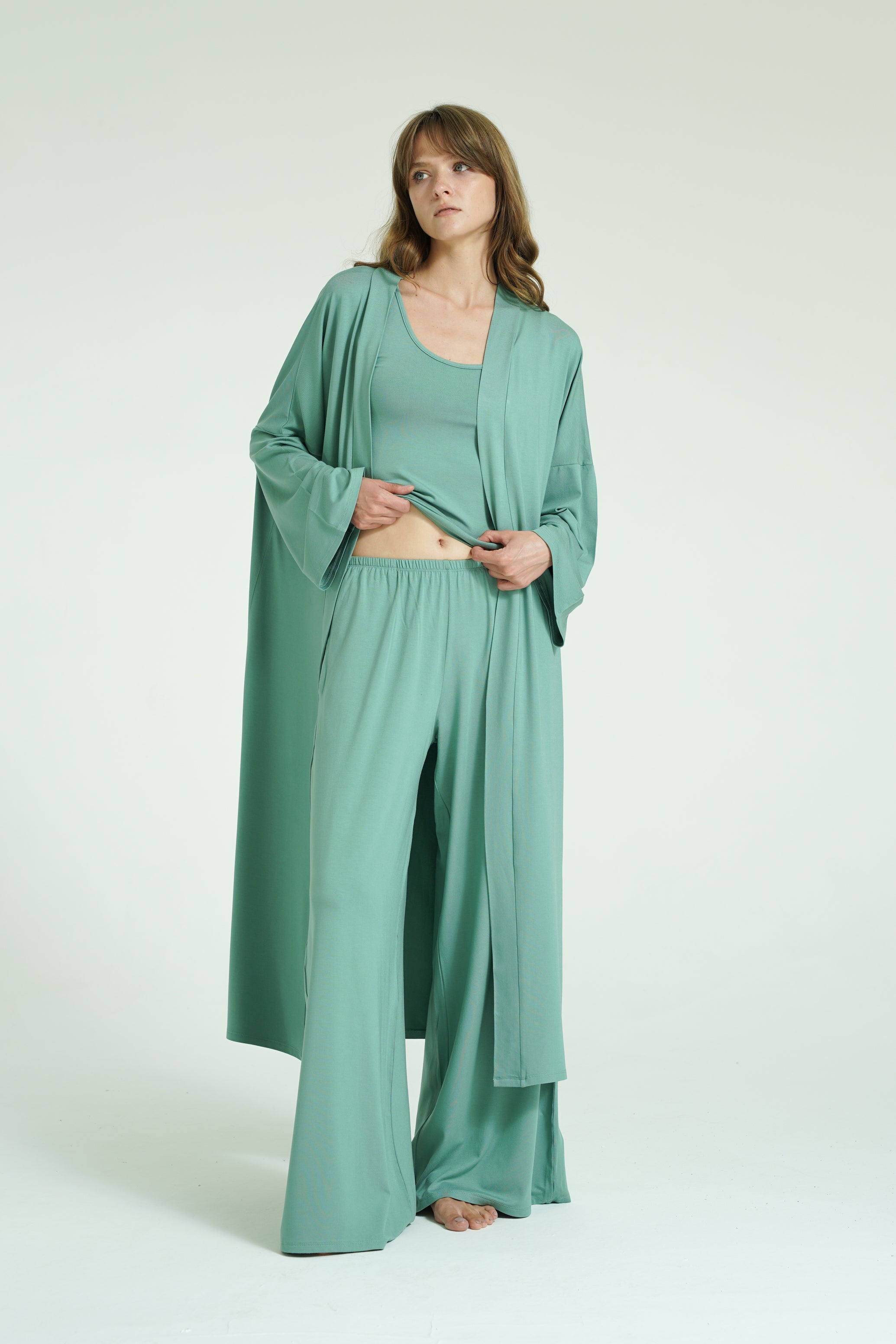 Kemerli Uzun Kimono - Mint Yeşili