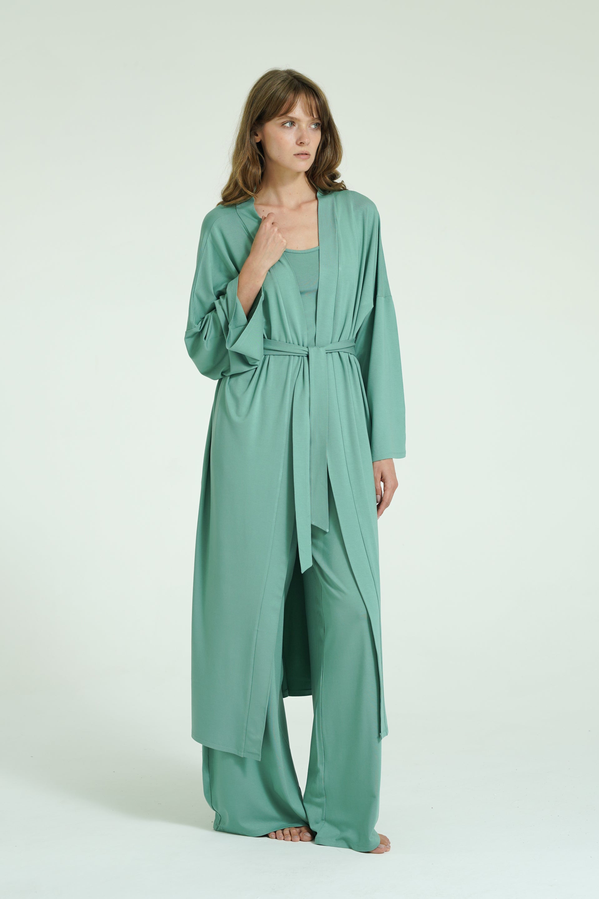 Kemerli Uzun Kimono - Mint Yeşili