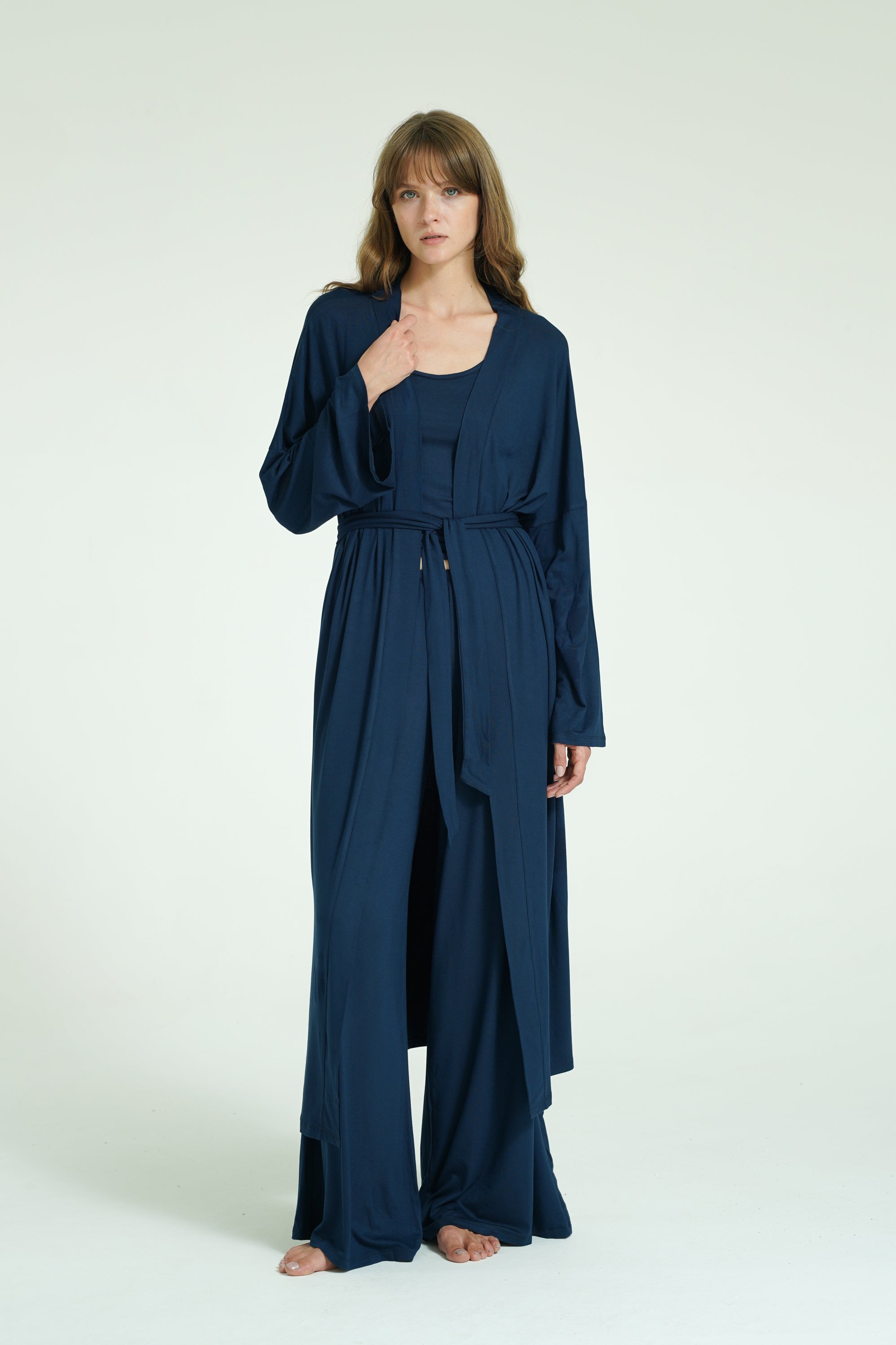 Kemerli Uzun Kimono - Lacivert