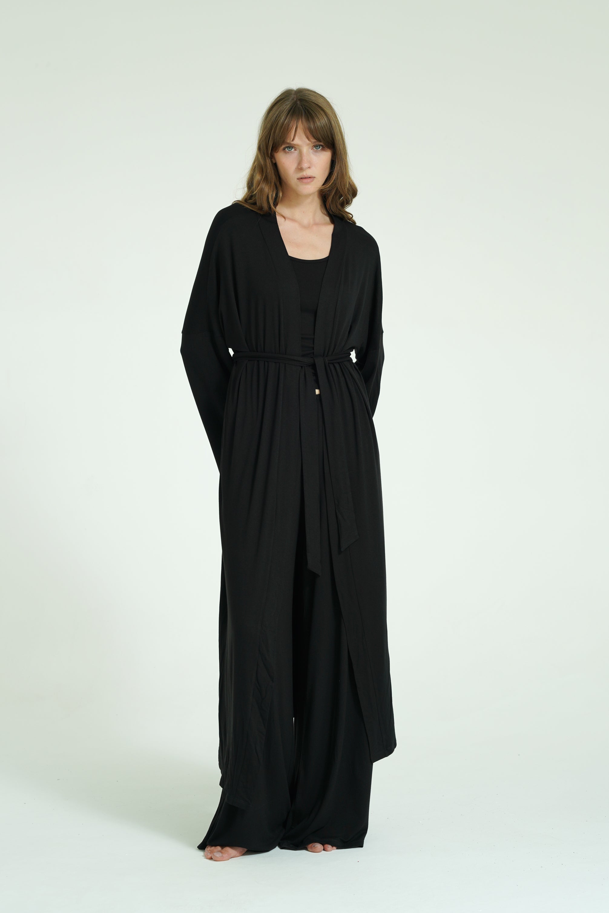 Kemerli Uzun Kimono - Siyah