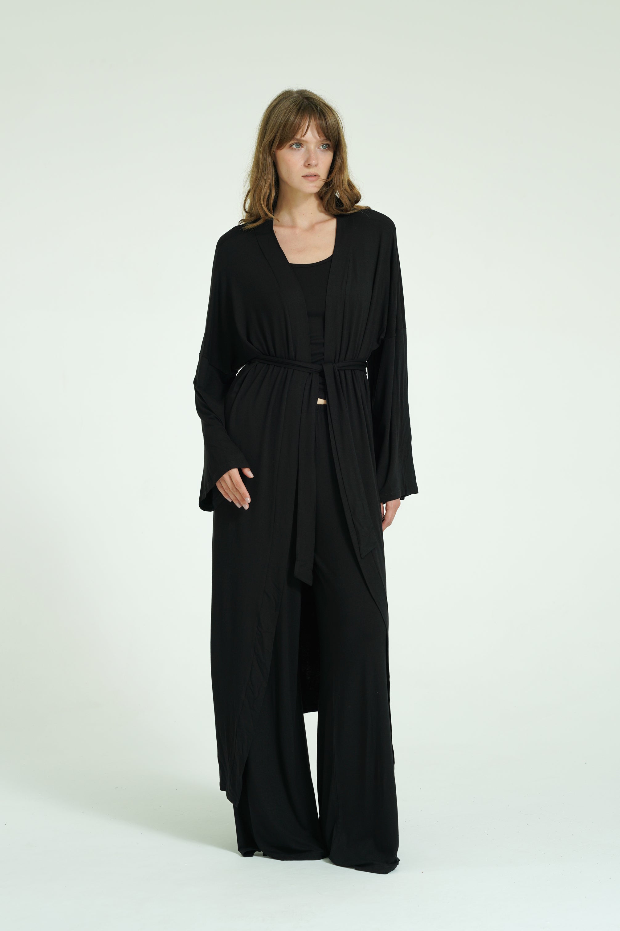 Kemerli Uzun Kimono - Siyah