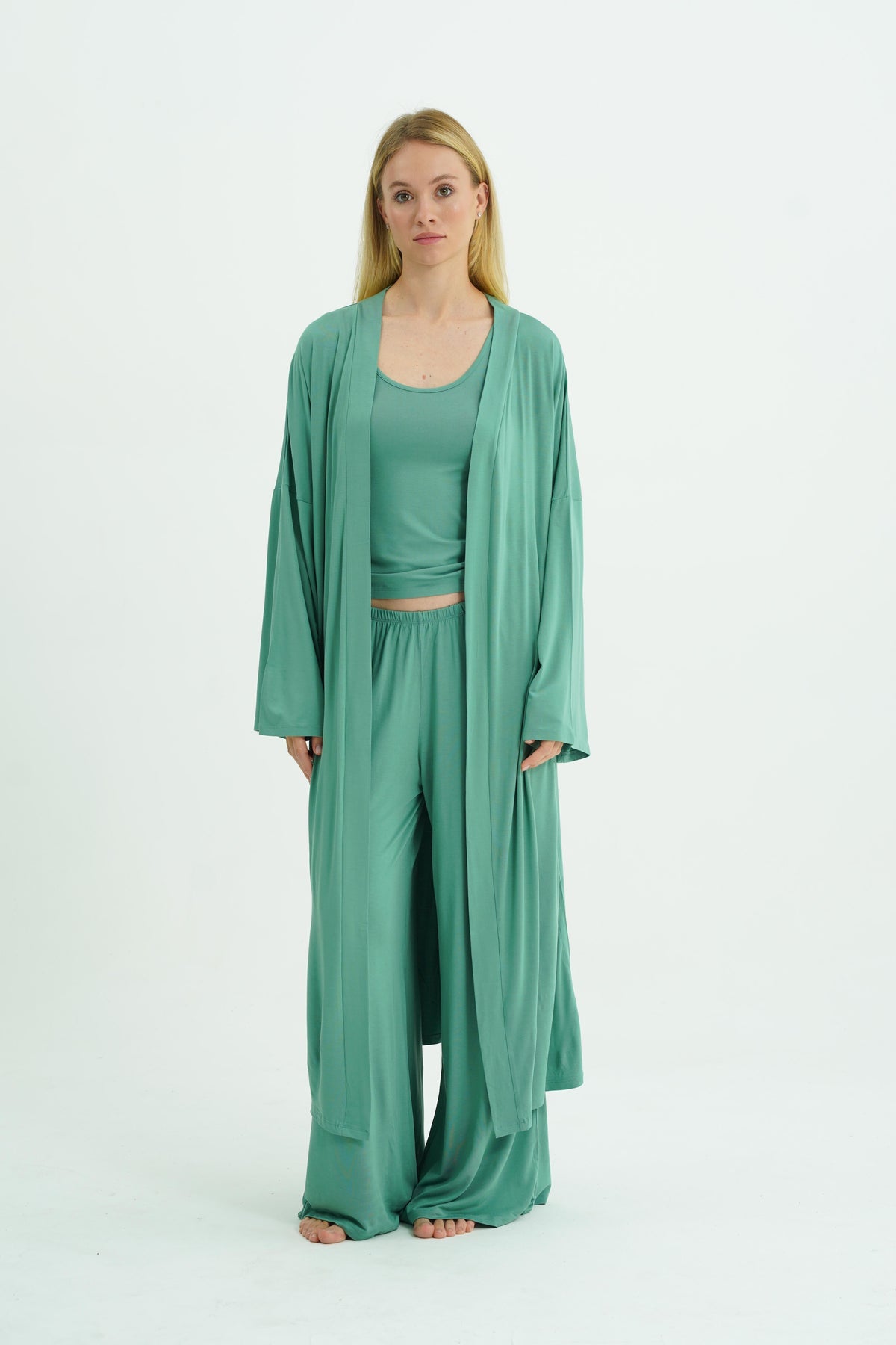 Kemerli Uzun Kimono - Mint Yeşili