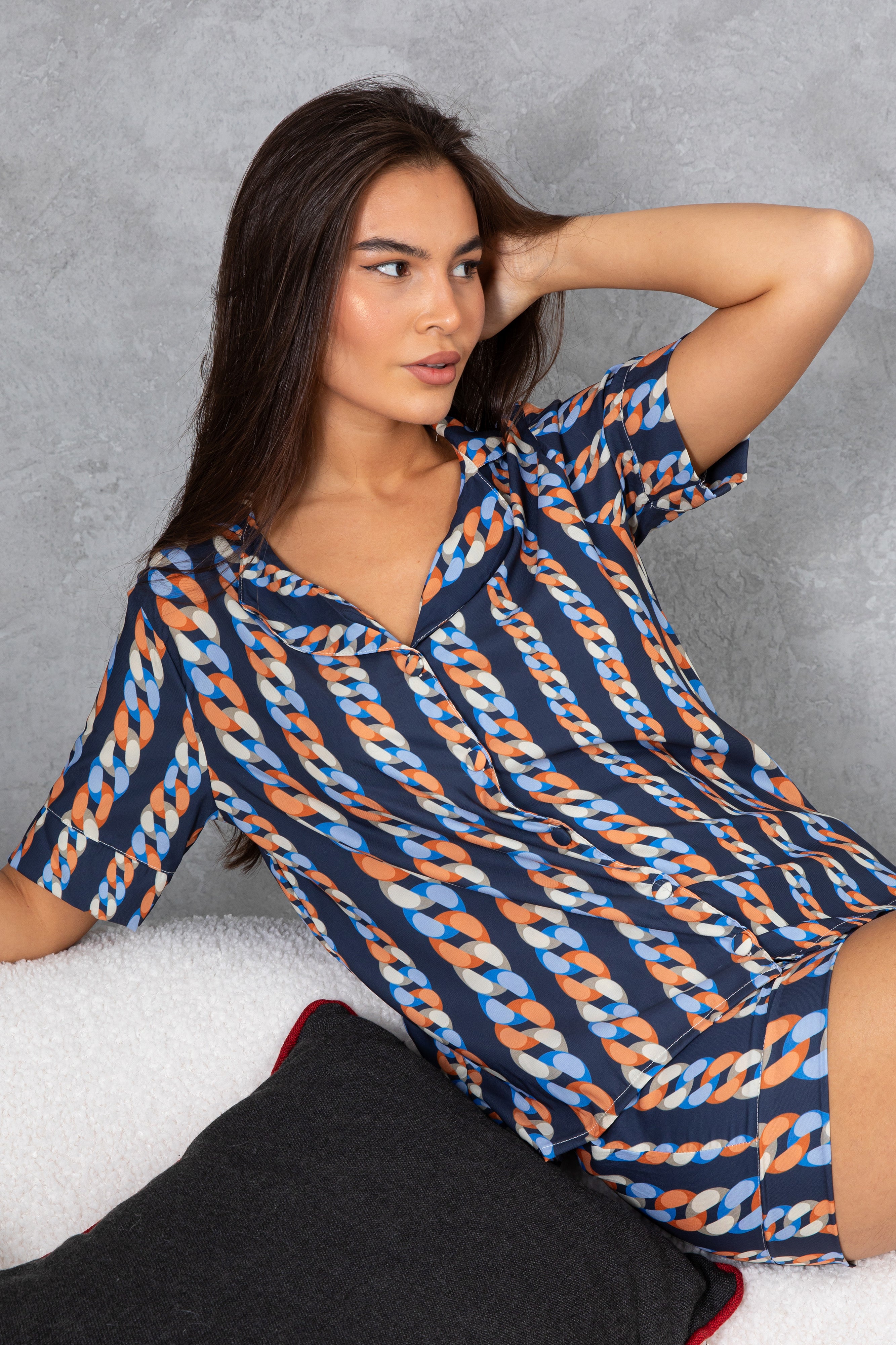 Lacivert Zincir Desenli Viskon Kısa Pijama Takımı